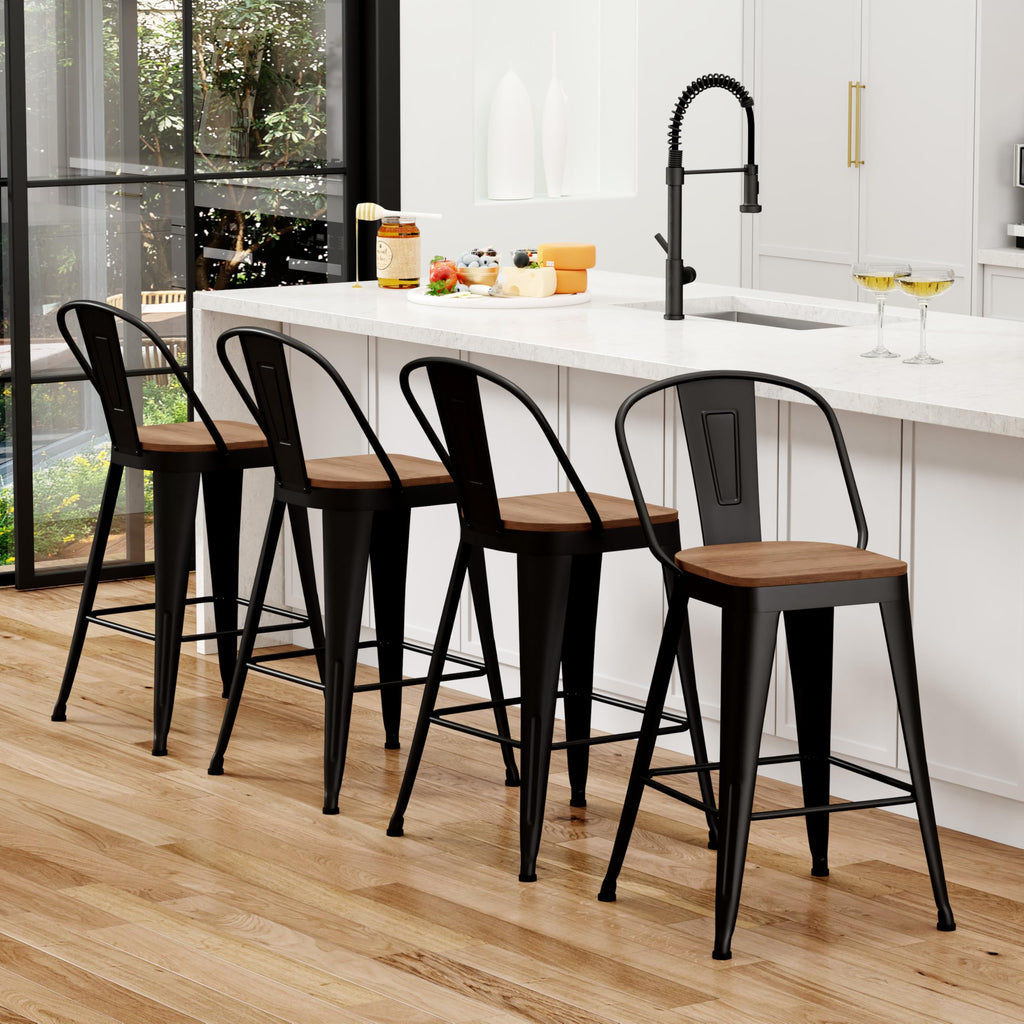 Barstools Set of 4 Counter Height Bar Stools for Kitchen Island Farmhouse Metal High Back Bar Chairs Wooden Seat 24" Matte Black