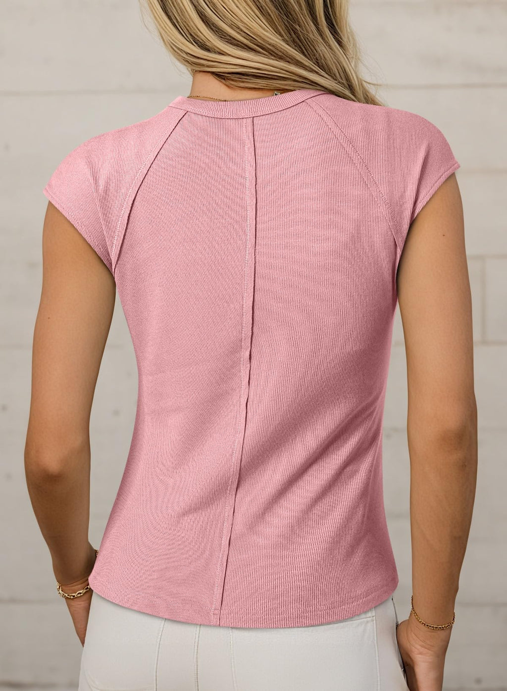 Sidefeel Womens Tops Casual Crewneck Cap Sleeve Tops Ribbed Raw Hem Summer T Shirts Slim Fit Basic Tees Blouses