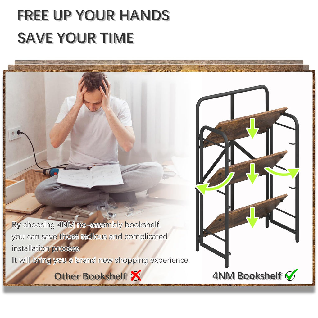4NM No Assembly Folding Bookshelf, 3 Tiers Collapsible Book Shelves Open Industrial Foldable Storage Bookcase Shelf for Bedroom, Living Room, Home Office - Natural and White