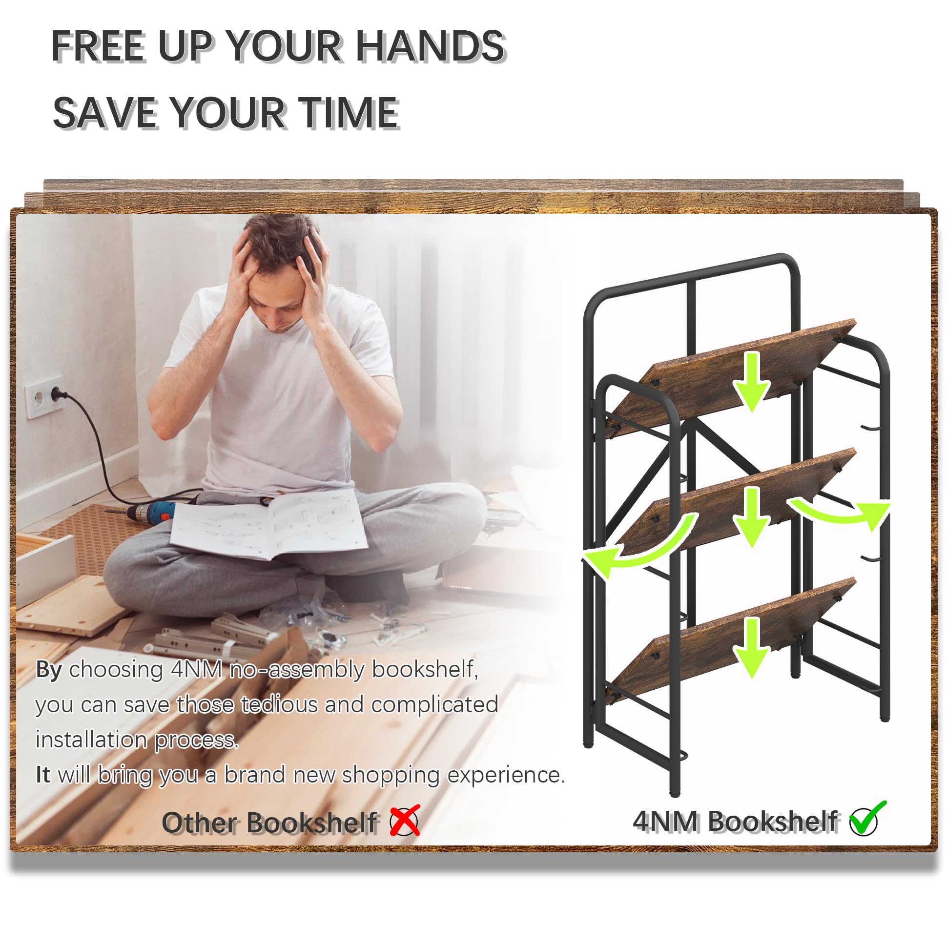 4NM No Assembly Folding Bookshelf, 3 Tiers Collapsible Book Shelves Open Industrial Foldable Storage Bookcase Shelf for Bedroom, Living Room, Home Office - Natural and White