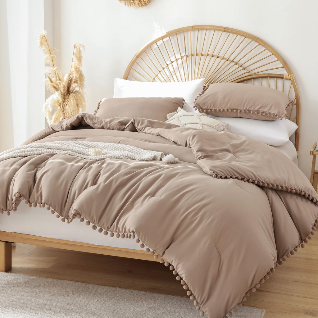 YIRDDEO Twin Comforter Set - Comforter Twin Size Bed with Ball Pom Fringe, Soft Bedding Set for All Seasons - 2 Pieces, 1 Comforter (66"x90") & 1 Pillow Sham(20"x26"), Beige