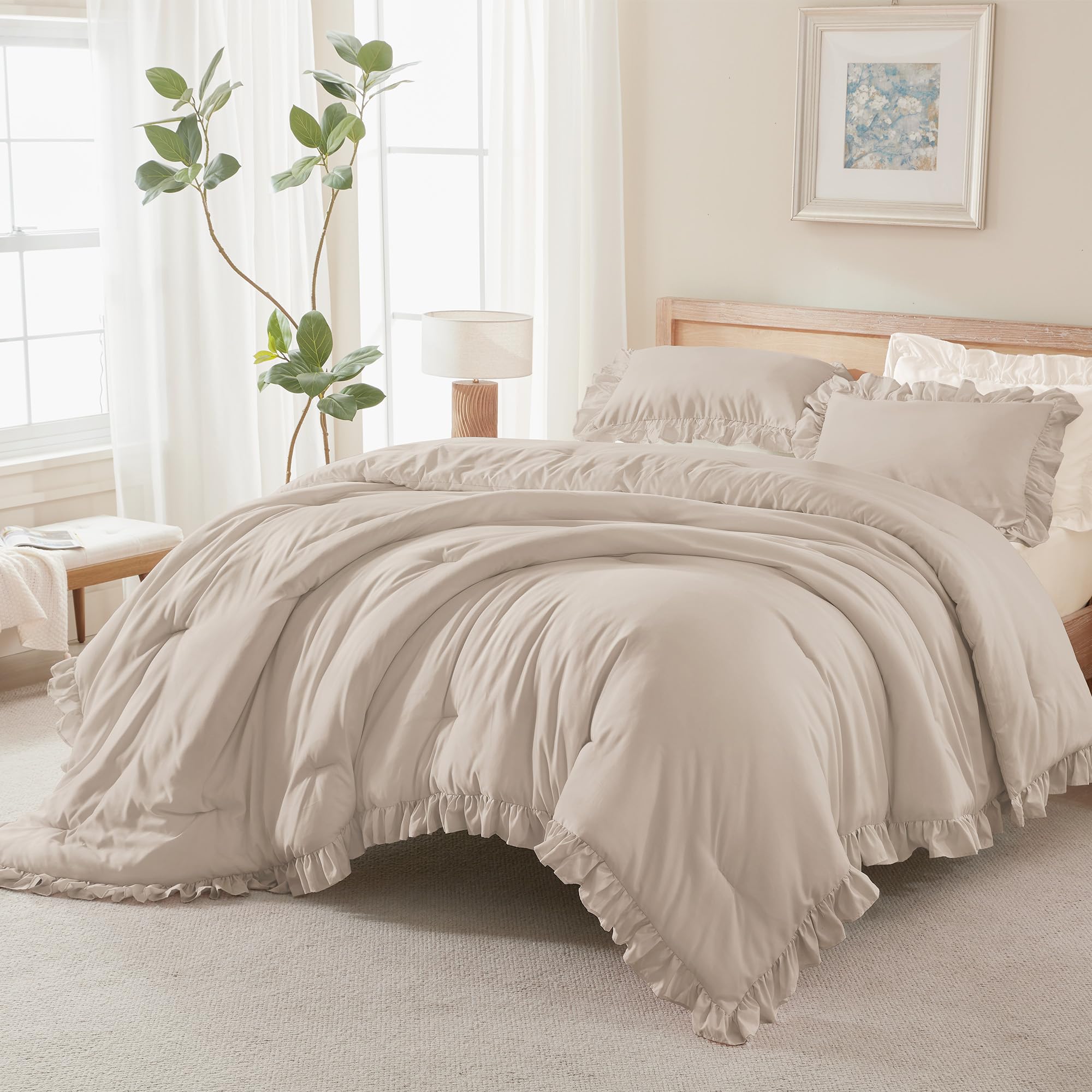 Andency Beige Twin Size Ruffle Comforter, 2 Pieces Farmhouse Shabby Classic Bed Set for Kids, Lighteweight Soft Polyester Bedding Set for Girls(1 Ruffle Comforter and 1 Pillowcase)