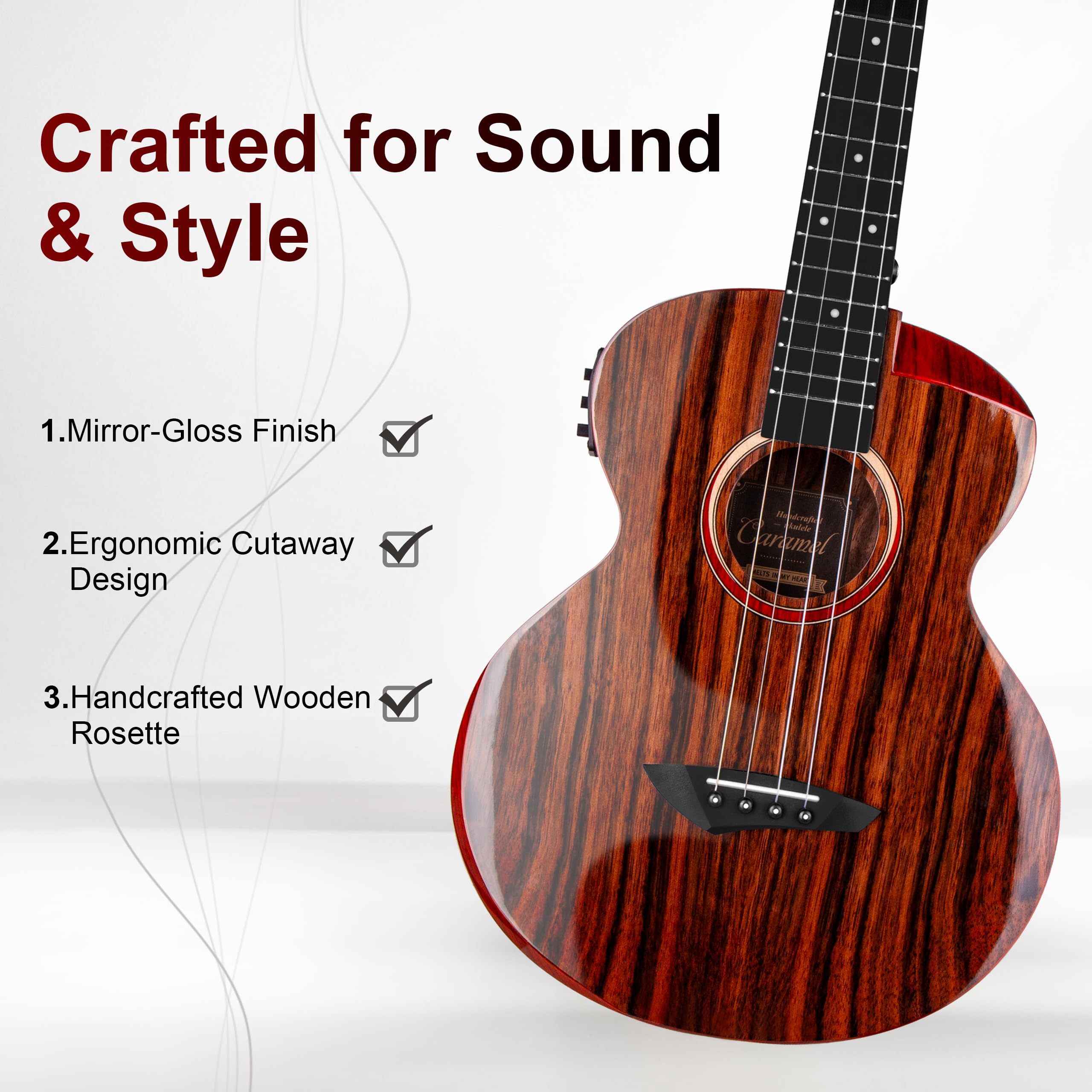 Caramel TEG95 Butterfly Bocote Glossy Tenor Acoustic & Electric Ukulele | 26-inch Handmade Professional Ukelele Kit with Accessories