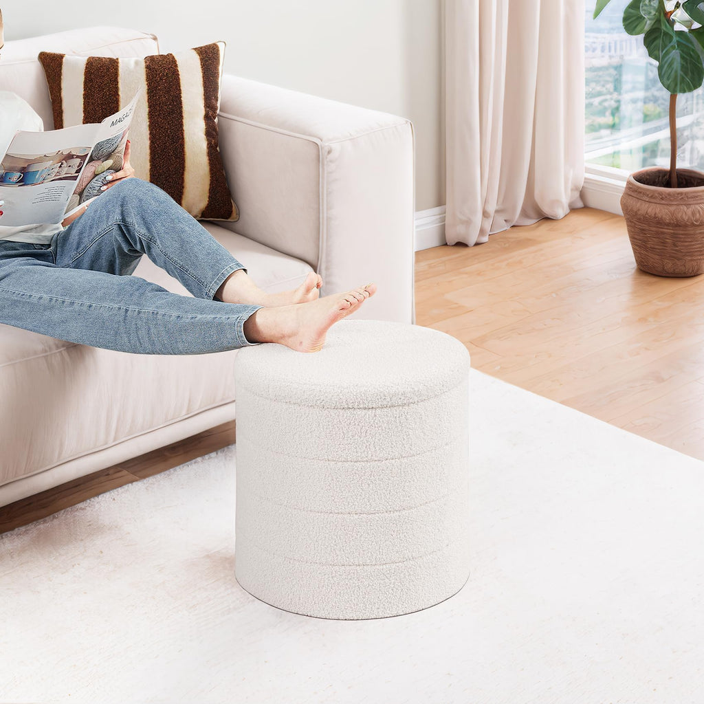 PINPLUS Round Storage Ottoman Foot Rest Stool with Tray Velvet Sherpa Folding Storage Ottoman,Boucle Foot Rest for Living Room, Bedroom, Dorm（Beige）