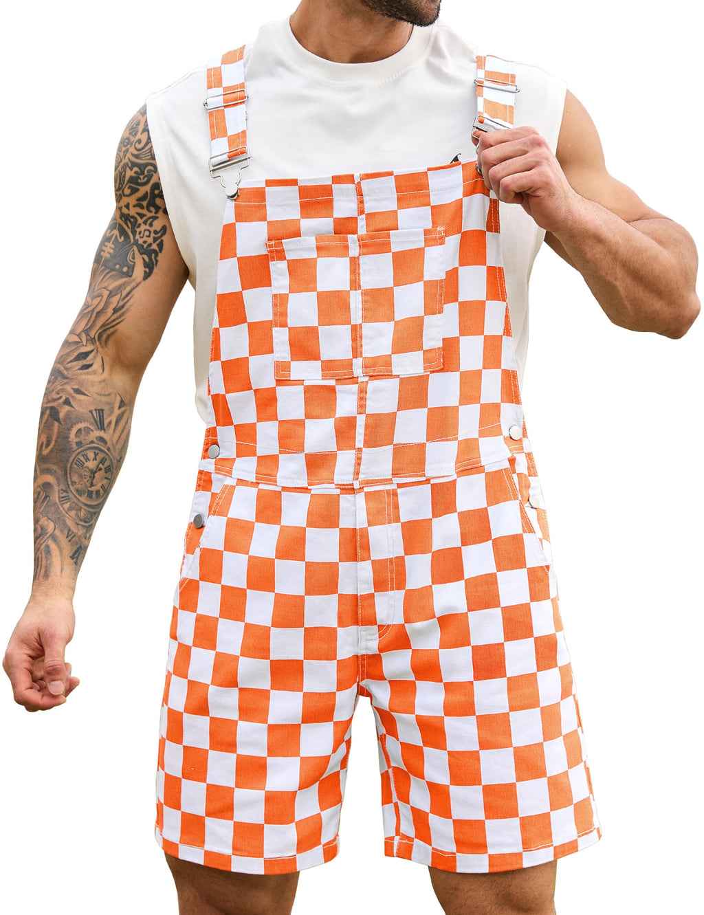 Odefou Checkered Bib Overalls for Men Jumpsuit Shorts Work Coveralls