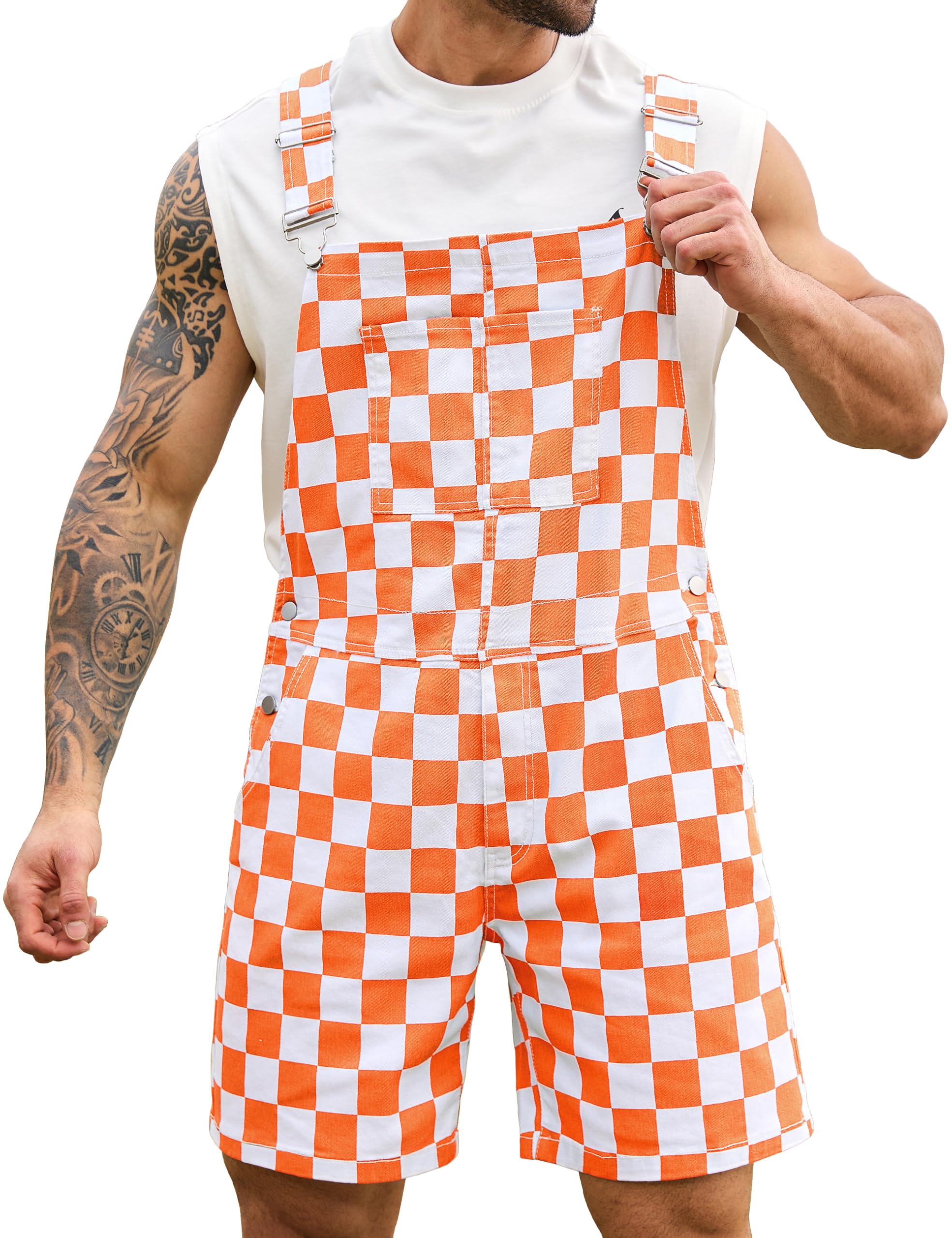 Odefou Checkered Bib Overalls for Men Jumpsuit Shorts Work Coveralls