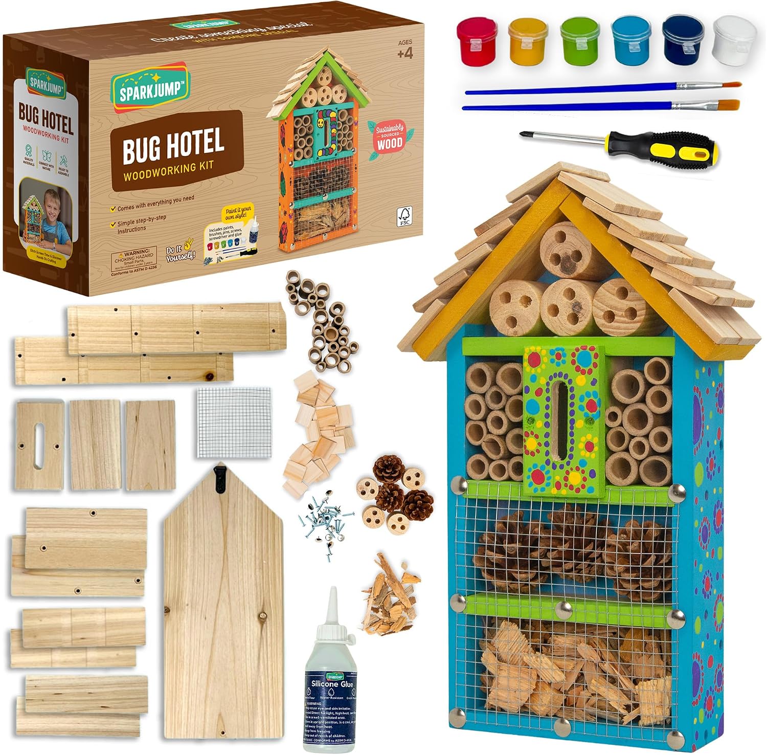 SparkJump Premium Bug Hotel Kit for Kids – Easy Wood Craft Kits for Children, Lady Bug House for Garden with Tools, Paints & Glue, Fun Birthday Gifts for Girls and Boys