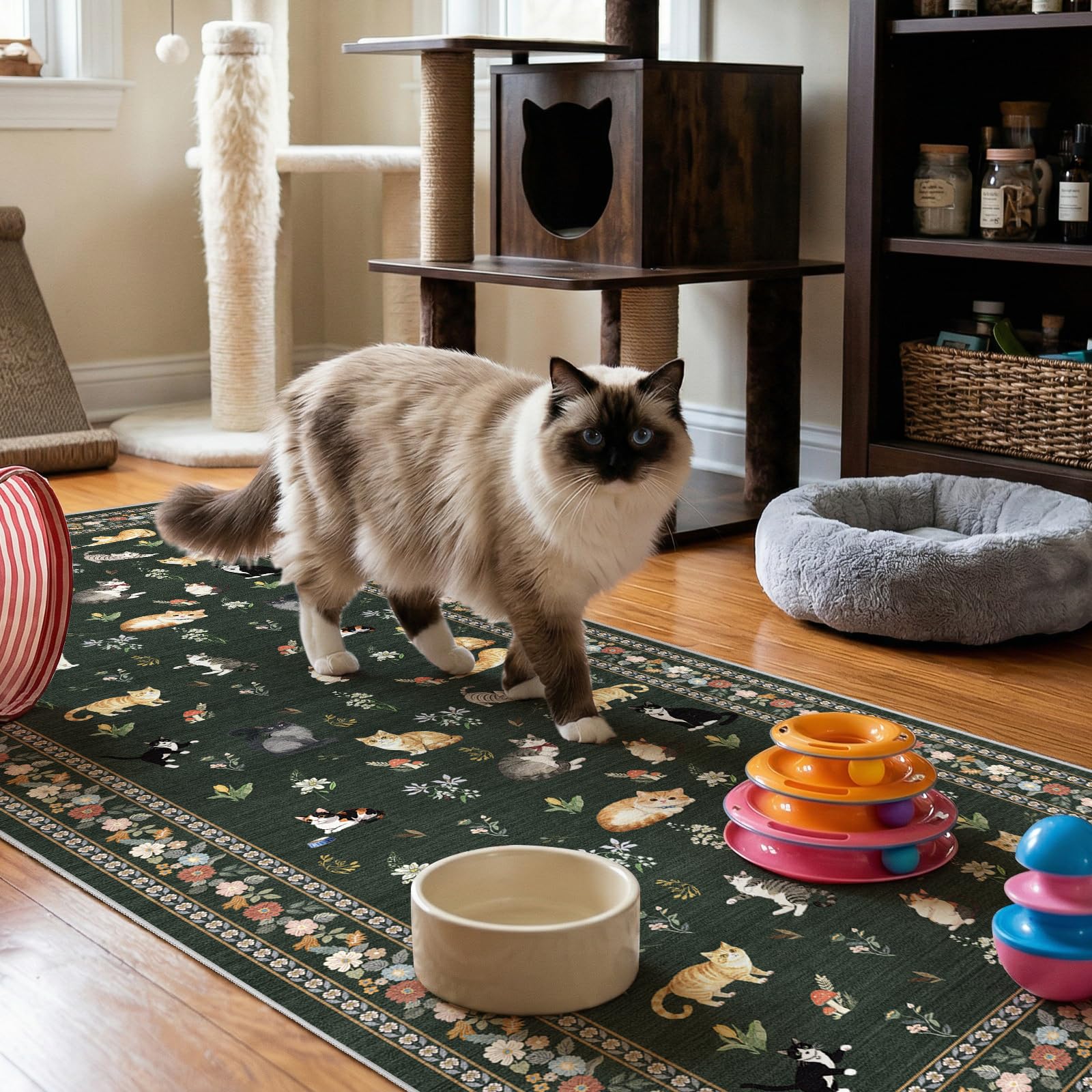 2x5 Washable Kitchen Runner Rug - Soft Low Pile Floral Animal Cat Print Rugs with Non-Slip Backing Waterproof Stain-Resistant Indoor Carpet for Hallway Entryway Bathroom Bedroom (Black)