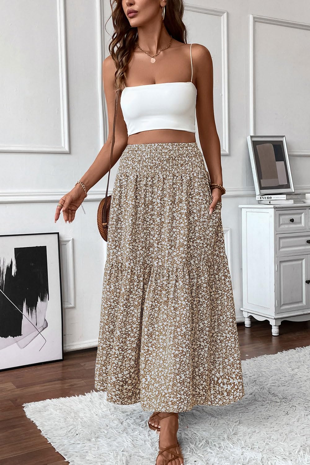 Women's Smocked High Waist Maxi Skirt Casual Boho Long Skirts with Pockets