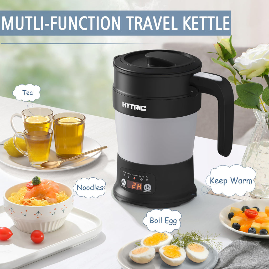HYTRIC Travel Electric Kettle, 700ML Foldable Small Electric Kettle BPA-Free, Portable Kettle with Multifunctional Panel, Collapsible Hot Water Kettle with Keep Warm & Delay Start, 110V Black