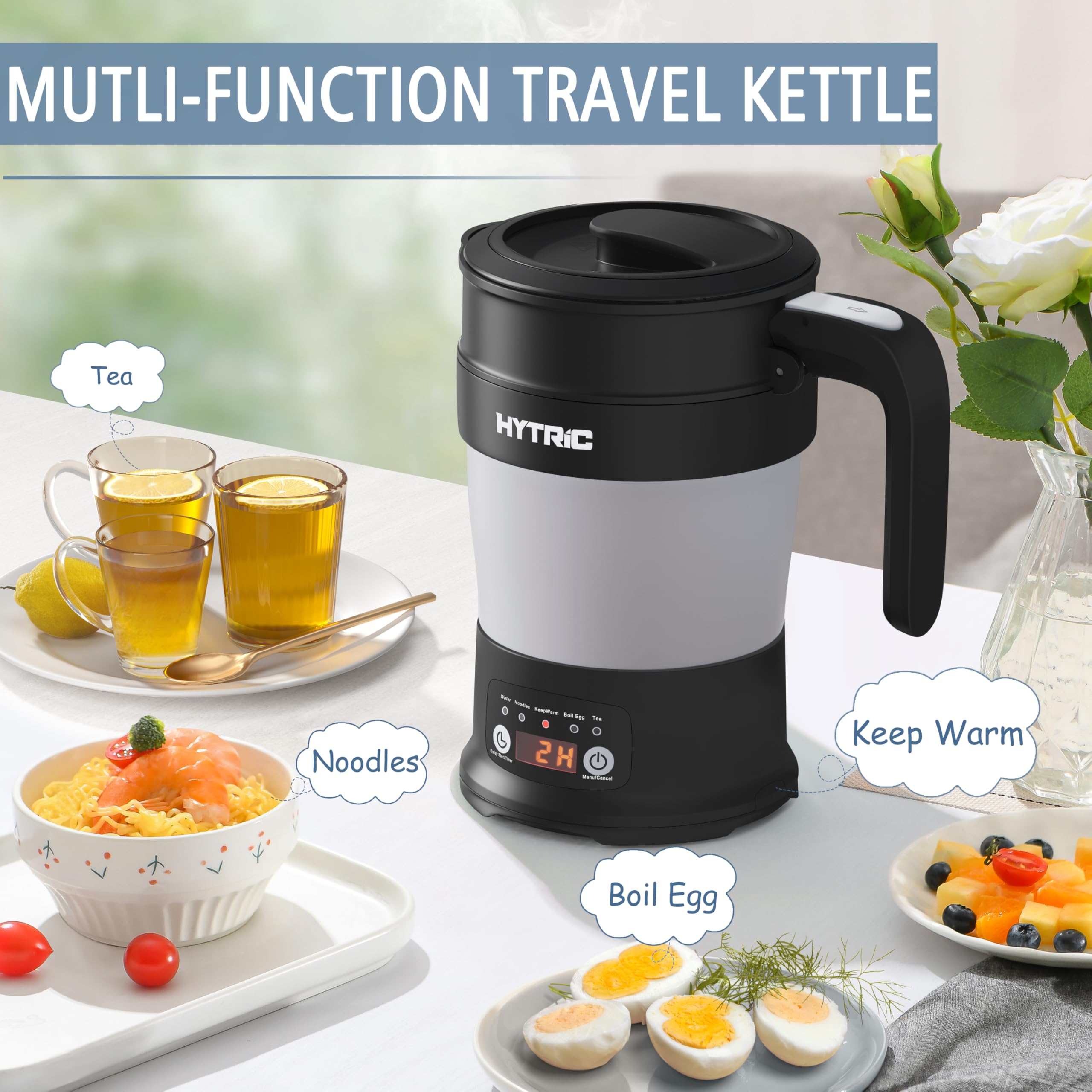 HYTRIC Travel Electric Kettle, 700ML Foldable Small Electric Kettle BPA-Free, Portable Kettle with Multifunctional Panel, Collapsible Hot Water Kettle with Keep Warm & Delay Start, 110V Black