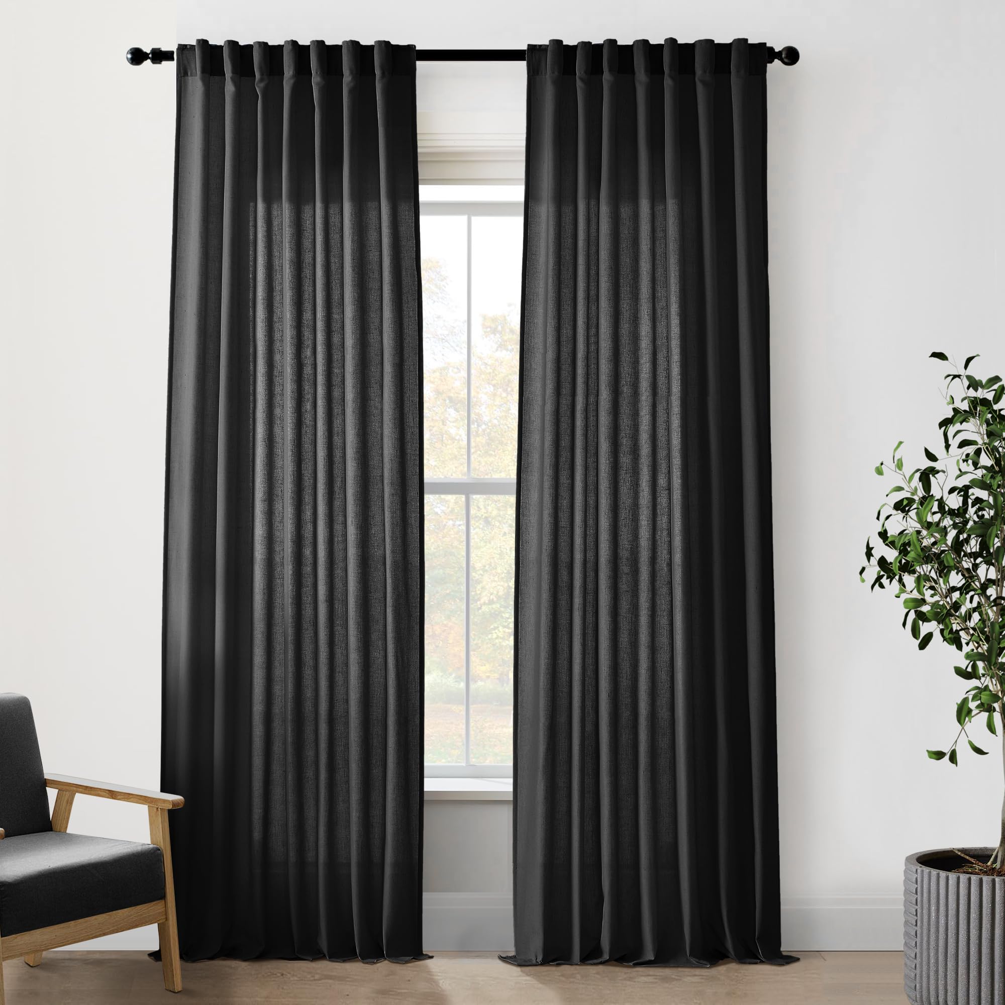 Black Linen Cotton Blend Sheer Curtains, Moody Light Filtering Drapes for Dark Academia Inspired Study Bedroom Living Room, 84 Inch Long 2 Panels Set