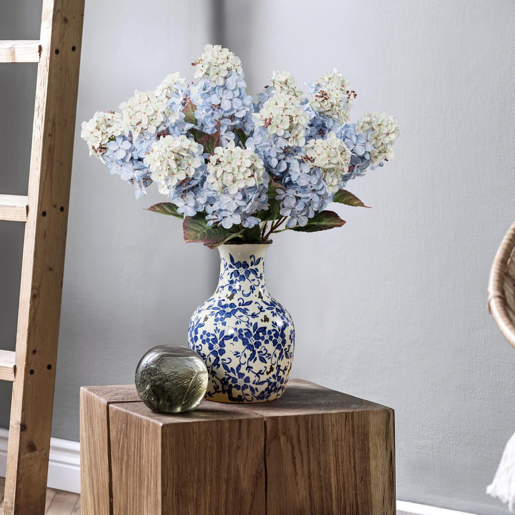 Ttranewsoo Hydrangea Artificial Flowers,Fall Hydrangeas Artificial Flowers,Blue Fake Fall Dried Hydrangea Flowers Decoration,Faux Silk Flower with Stems Winter Decor(Blue 24" 8pcs) Without Vase