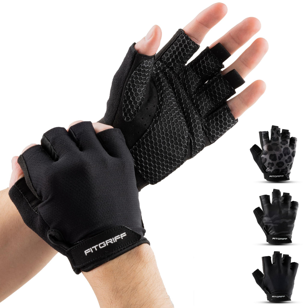 Fitgriff® Workout Gloves (Padded) for Men & Women - Fingerless Gym Gloves for Weight Lifting, Training - Full Palm Protection