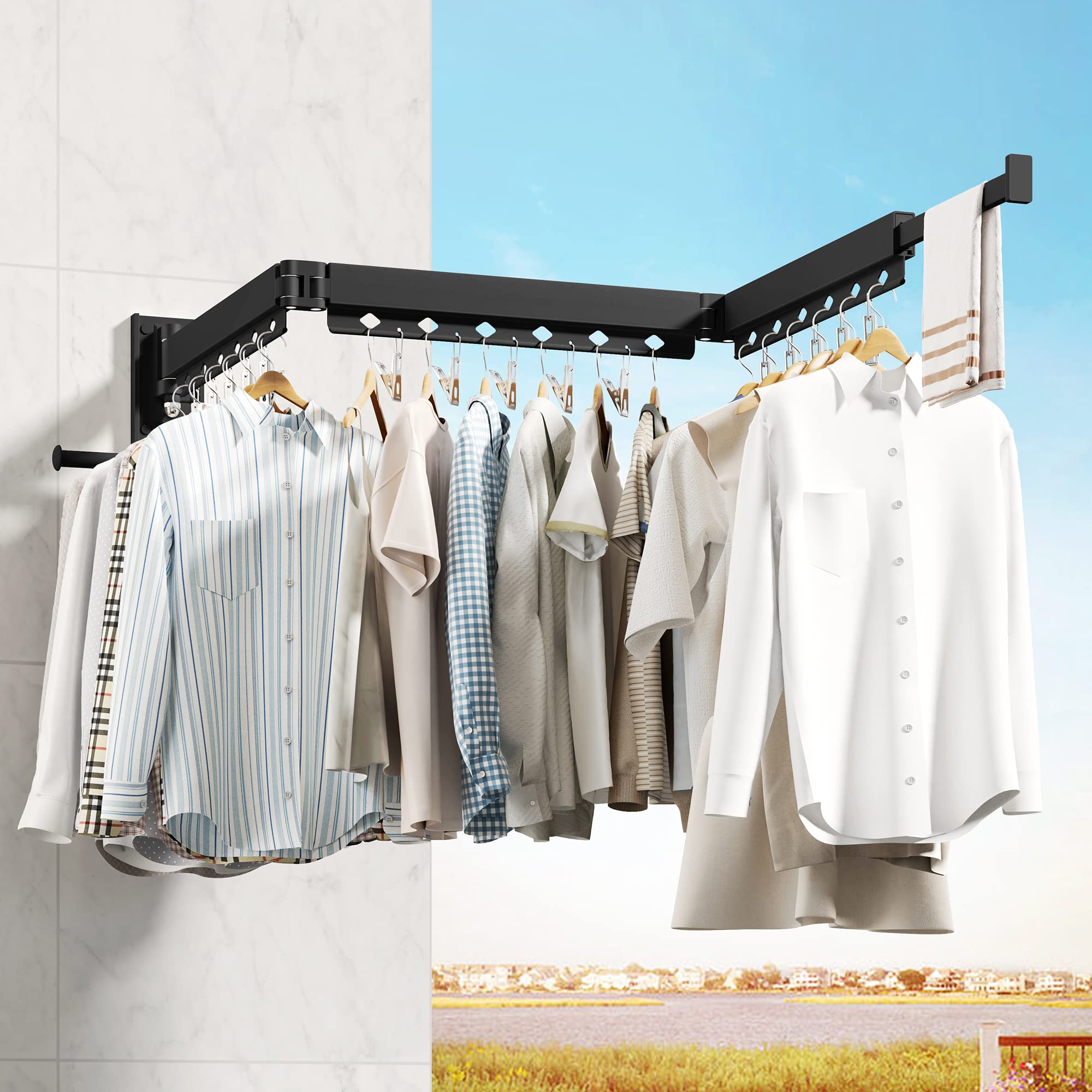HEILAIYI Clothes Drying Rack for Laundry,Wall Mounted Clothes Hanger Rack,Folding,Retractable,Collapsible(J Shape Hooks)