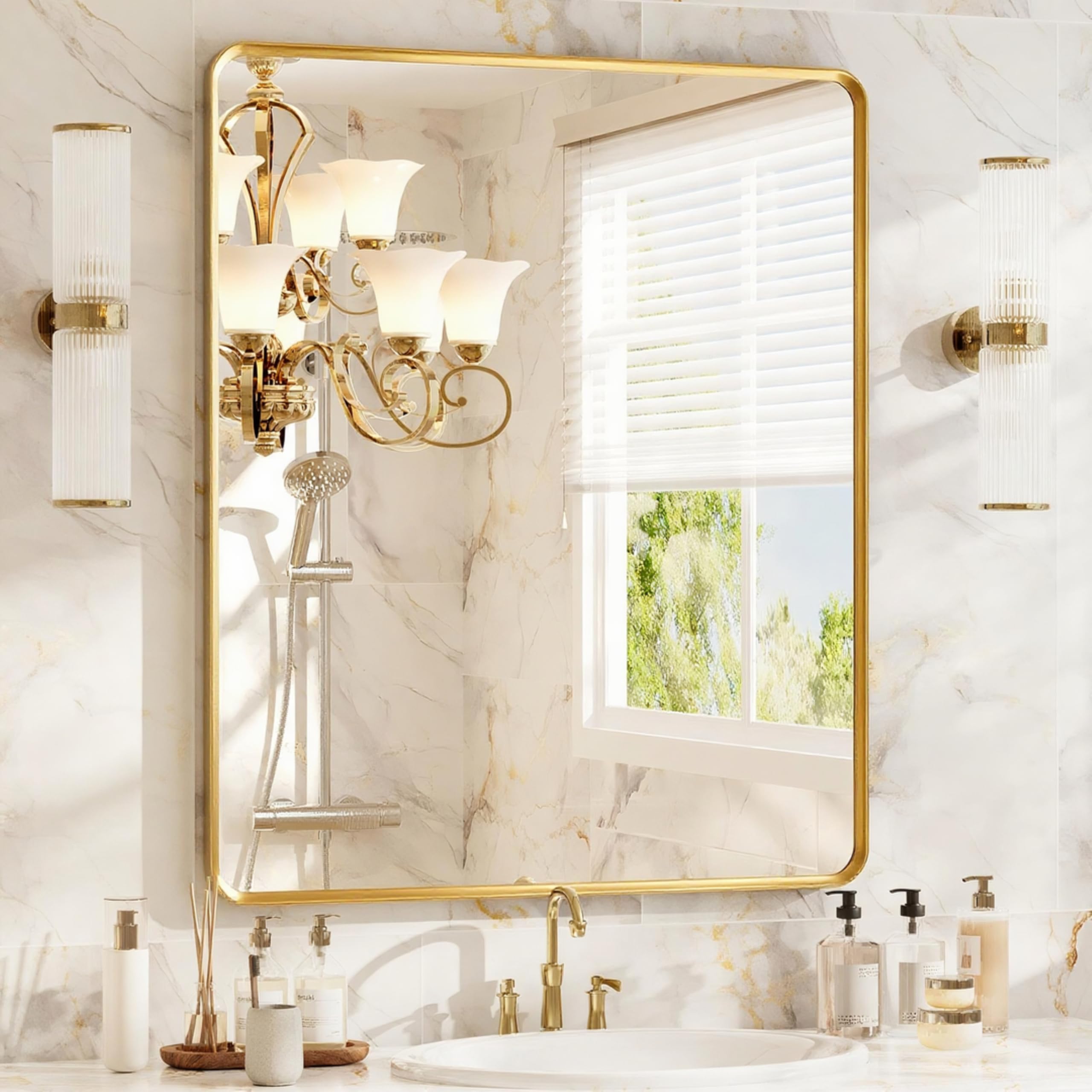 22x30 inch Gold Bathroom Mirror,Rounded Rectangle Gold Metal Framed, HD Tempered Glass, Horizontal or Vertical Hanging, Modern Bathroom Decor