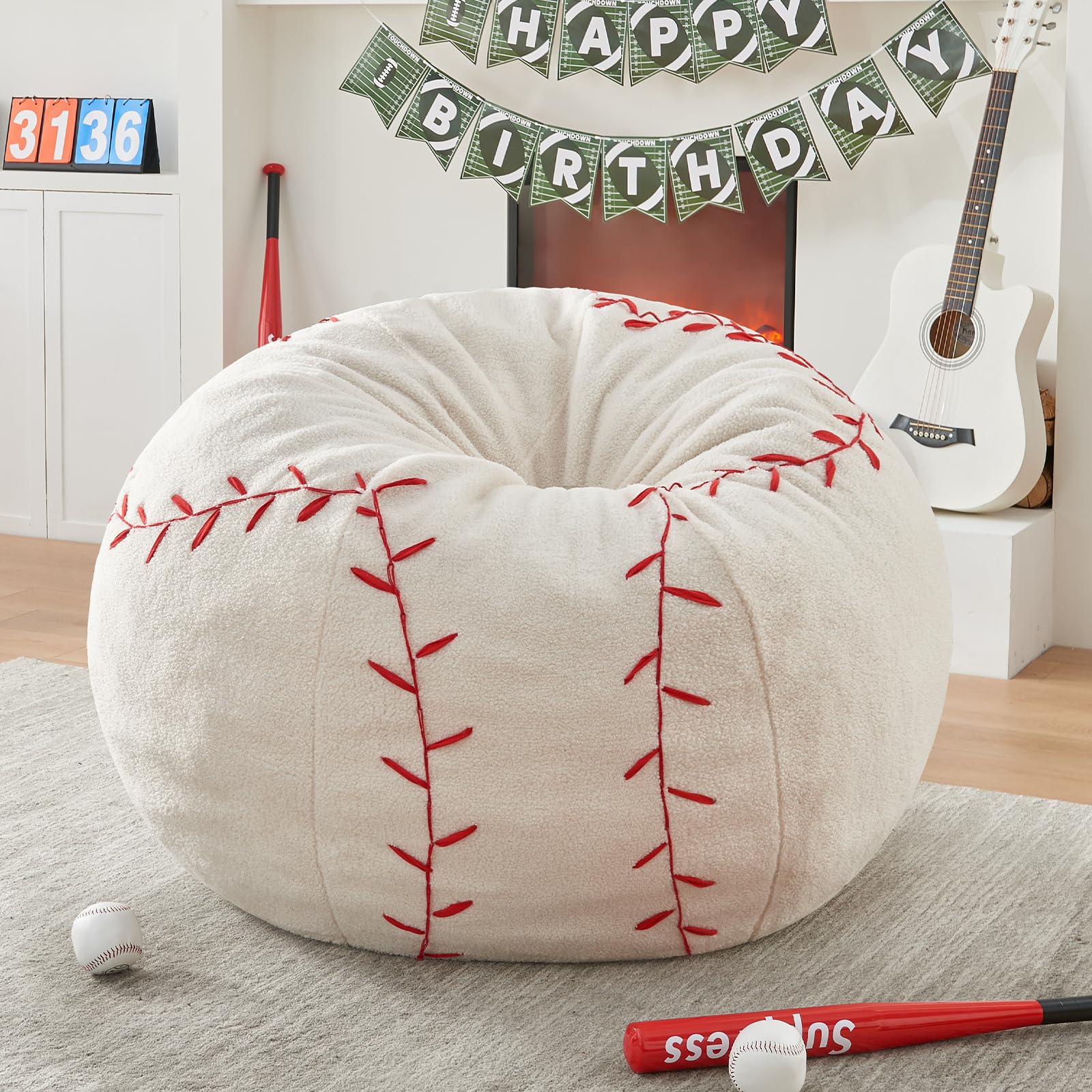 Sports Baseball Bean Bag Chair - Luxurious Bean Bag Chairs for Kids Teens Adults - Floor Sofa Couch with Filler - Plush BeanBag Furniture for Living Room Bedroom College Dorm - 32 Inch