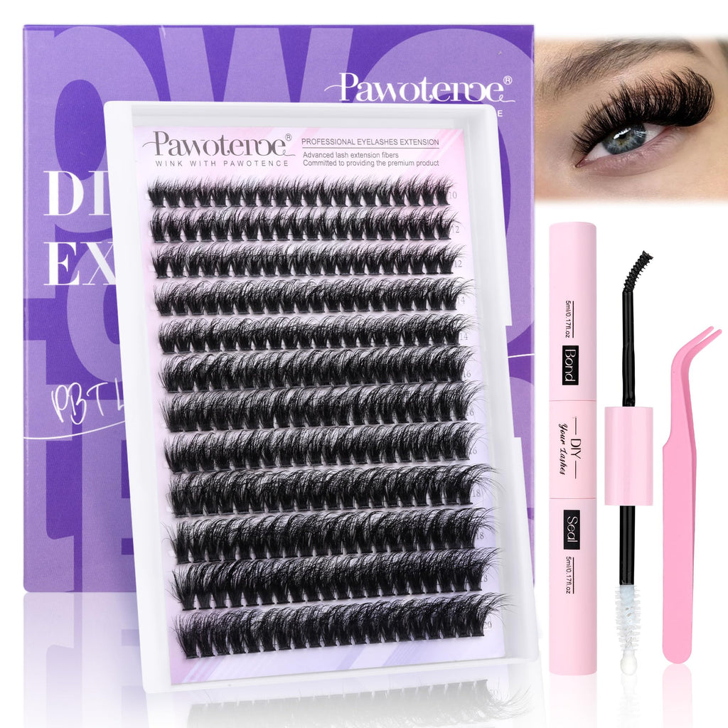 Pawotence Lash Extension Kit DIY 280pcs Individual Lash Clusters Kit 20D&30D Natural 9-15mm Cluster Eyelash Extensions Kit with Lash Bond and Seal, Tweezers for Self Use (20D&30D, 0.07D, 9-15mm, Kit)