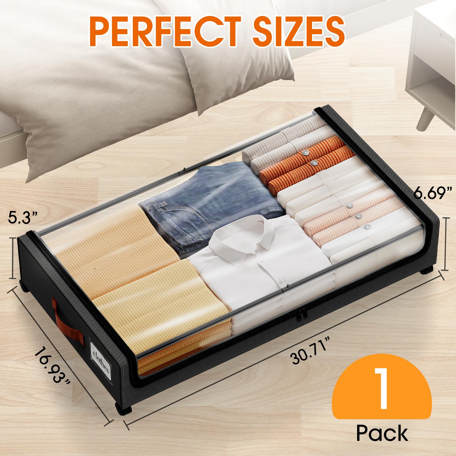 SpaceHacks Under Bed Storage with Wheels 1Pack Underbed Storage with Clear Window&Label Under Bed Drawers Large Capacity Rolling Under Bed Storage for Clothes,Shoes, Blankets (Beige)