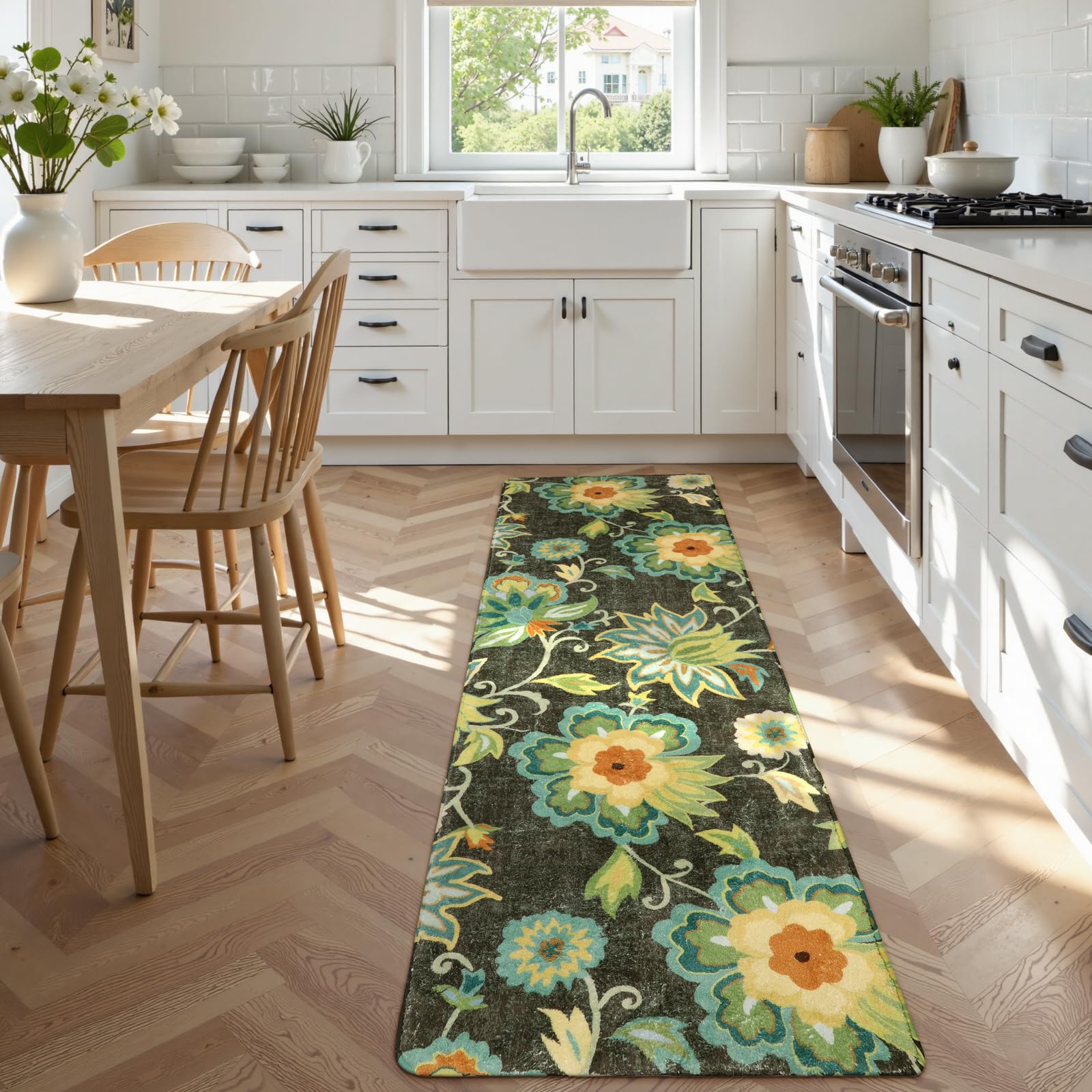 Lahome Floral Washable Area Rugs - 2x3 Non-Slip Small Entryway Rug Indoor, Throw Stain Resistant Kitchen Rugs Soft Black Paisley Print Bathroom Mats DoorMat Carpet for Bedroom Laundry Living Room Sink
