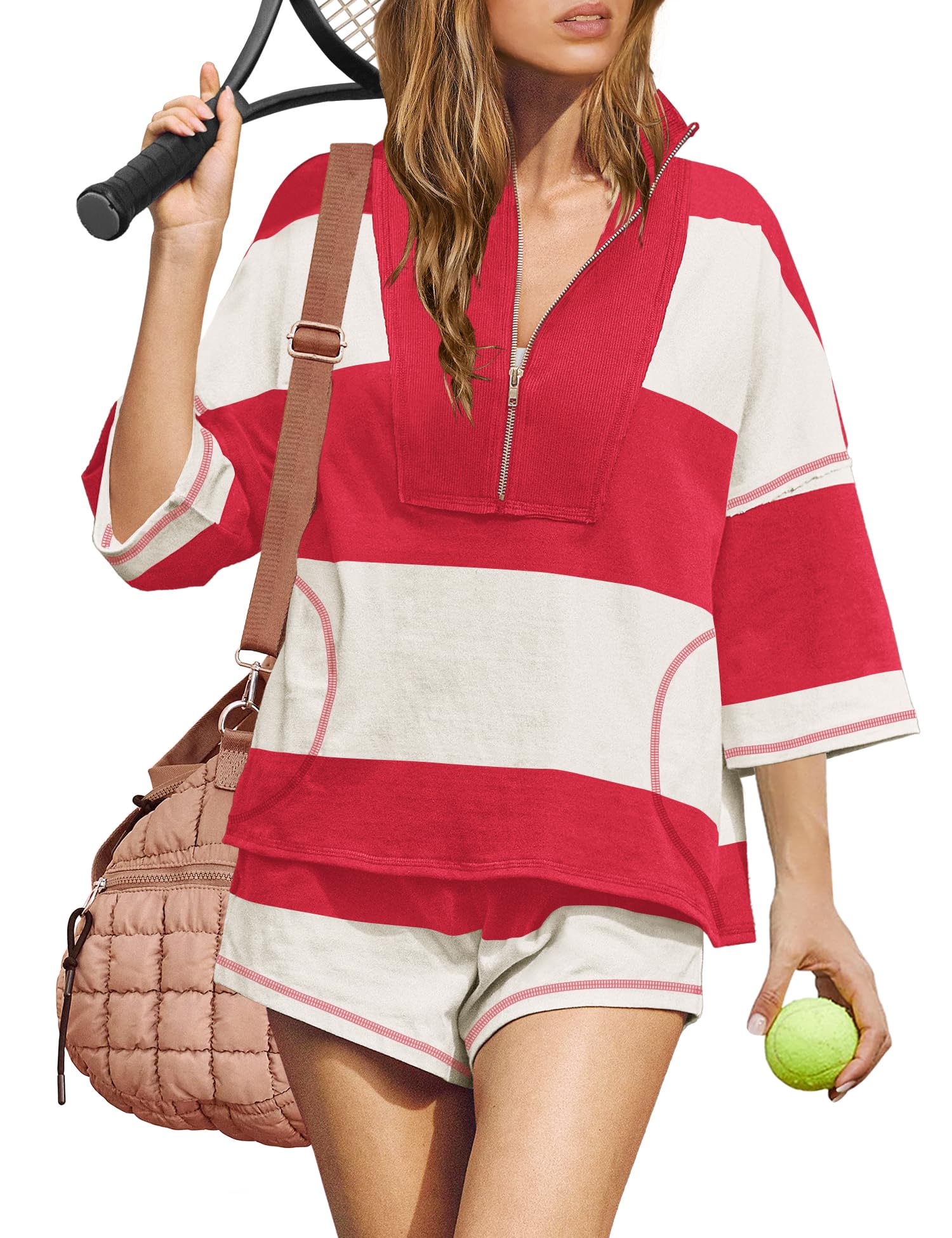ReachMe Womens Workout Striped Short Sets 2 Piece Outfits Summer Matching Lounge Sets Top and Shorts with Pockets