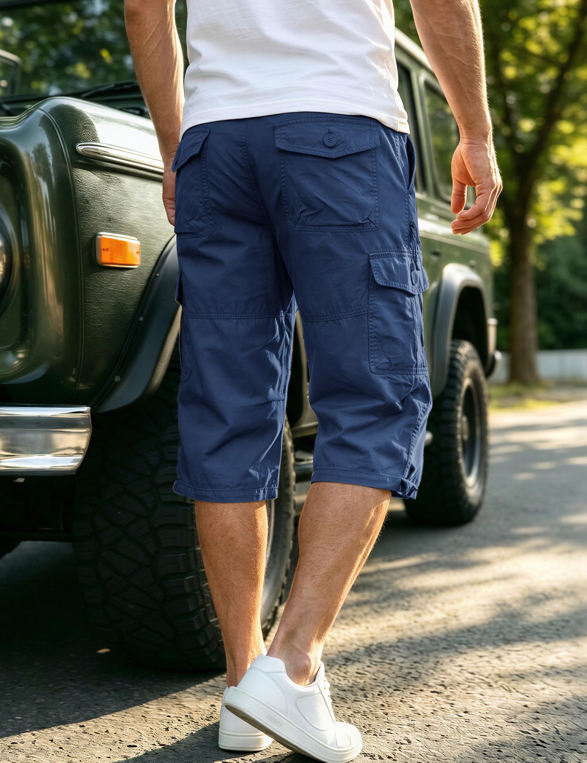 EKLENTSON Men's Cargo Shorts Casual Twill Elastic 3/4 Capri Pants Below Knee Long Shorts with 7 Pockets