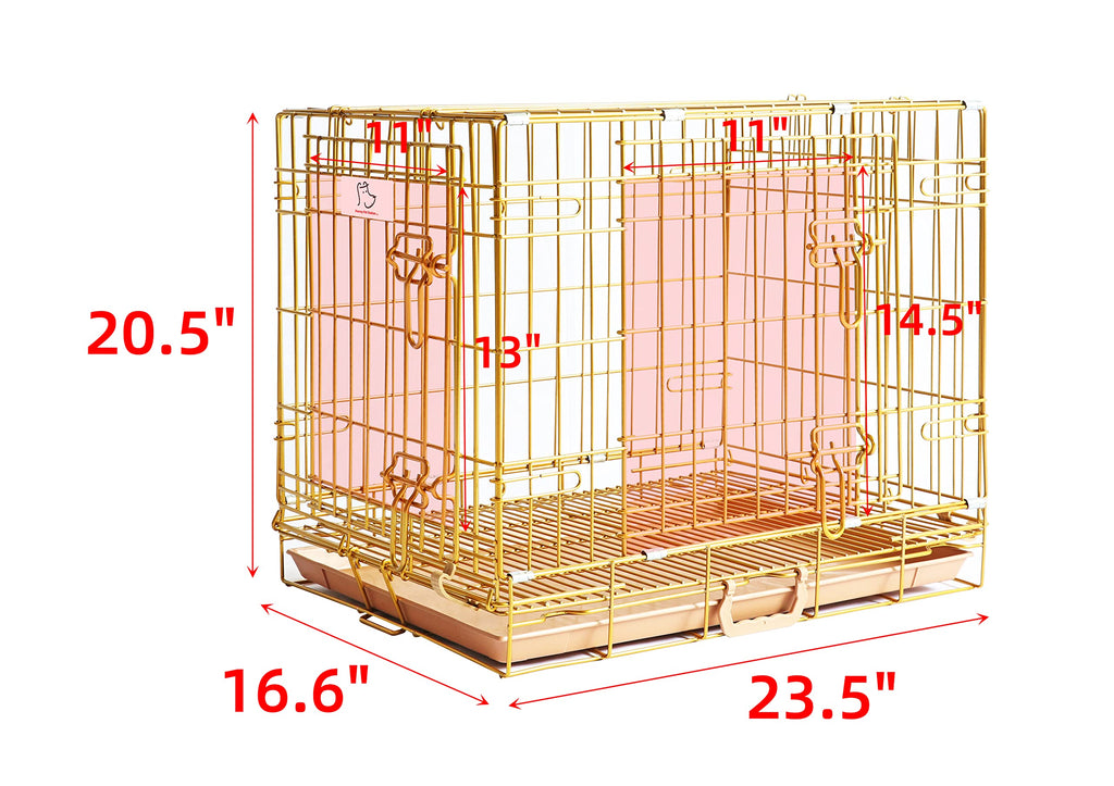 HOMEY PET 24" Gold Color Folding Design Dog Crate Puppy Ertra Small Breed Dog Kennels with Removable Floor Grid and Pull Out Tray, Dog Cage Copper Gold Finish