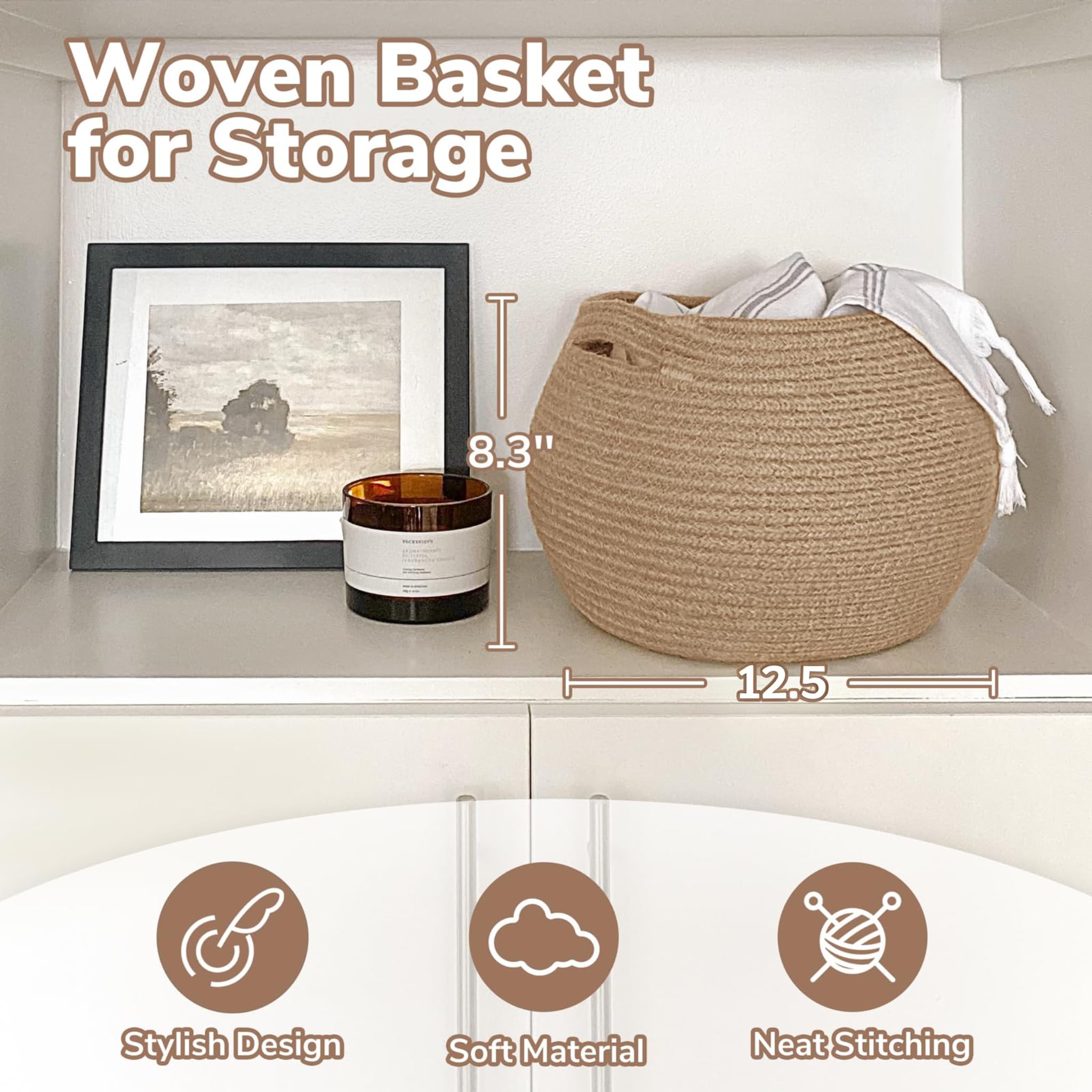 Goodpick Small Rope Storage Basket, Black Round Baskets for Socks, Dog Toys, Towels, Cute Baby Basket for Living Room, Bedroom, Nursery, Towel Baskets for Bathroom, 10 x 8.3 inches