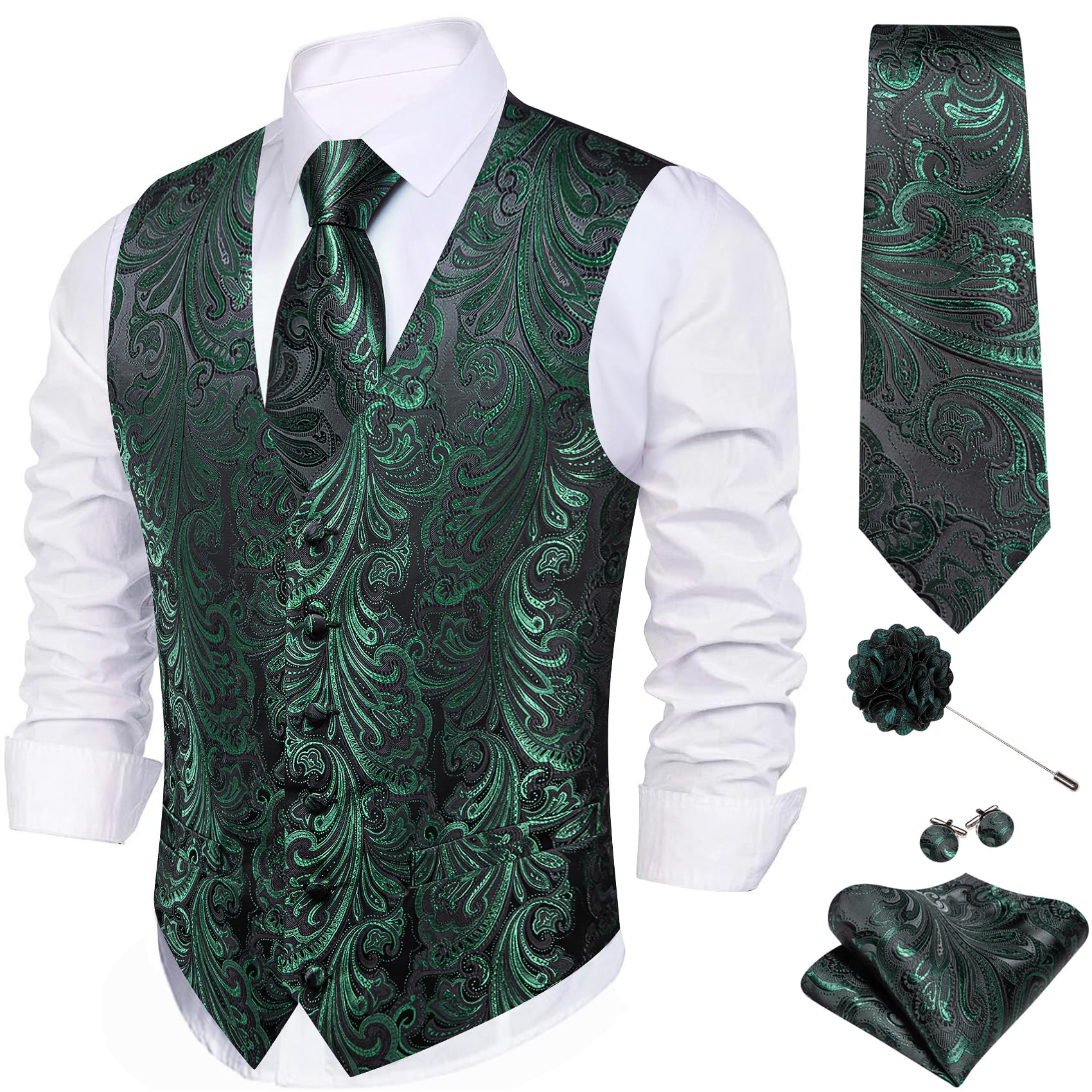 Barry.Wang Men's Suit Vest Formal/Leisure Paisley Jacquard Silk Tie Pocket Square Waistcoat Set Wedding 5PCS