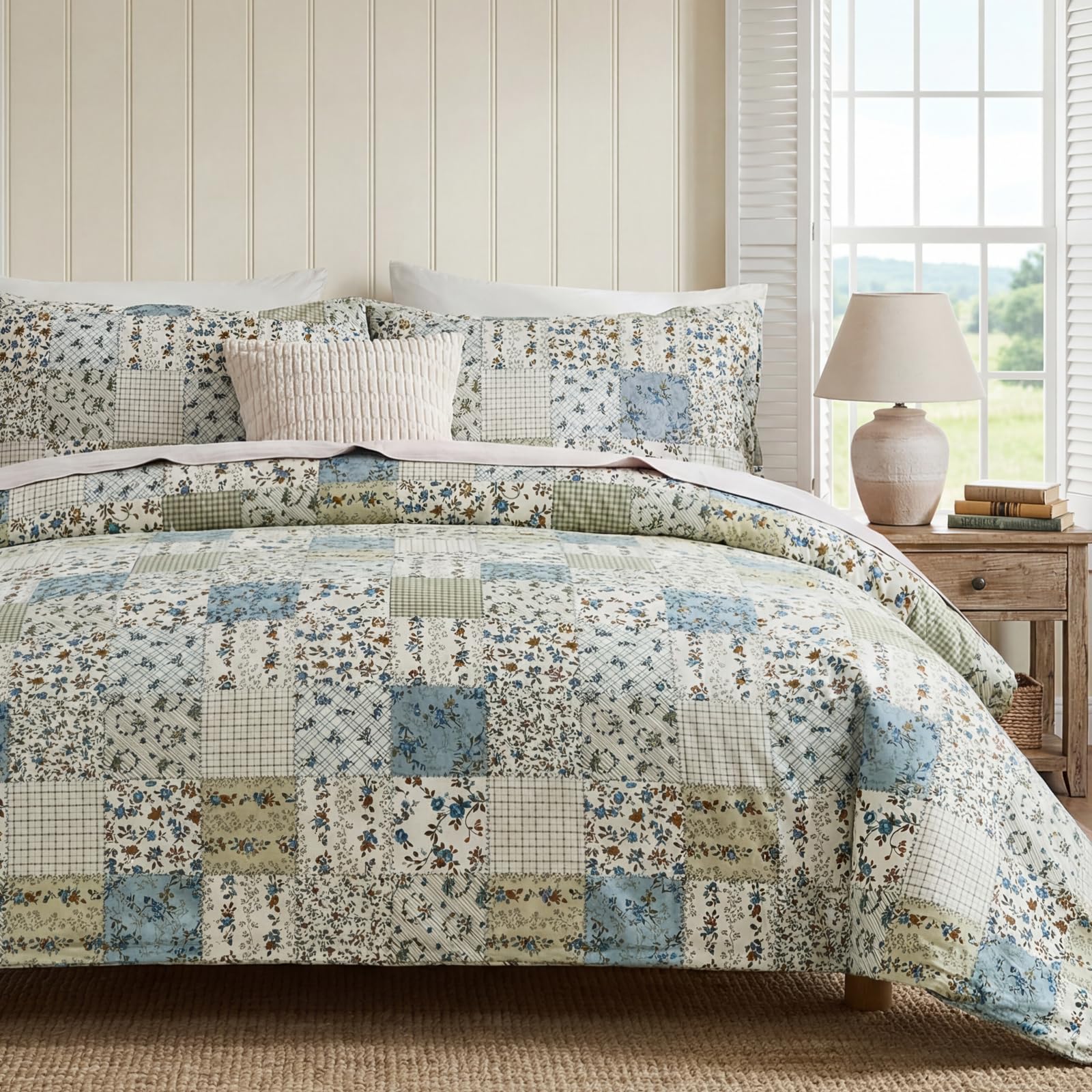 100% Natural Cotton Comforter Set Queen 3 Pcs Grayish Blue Bedding Sets with Luxurious Damask Pattern, Reversible Breathable Soft Comforter Sets for All Season