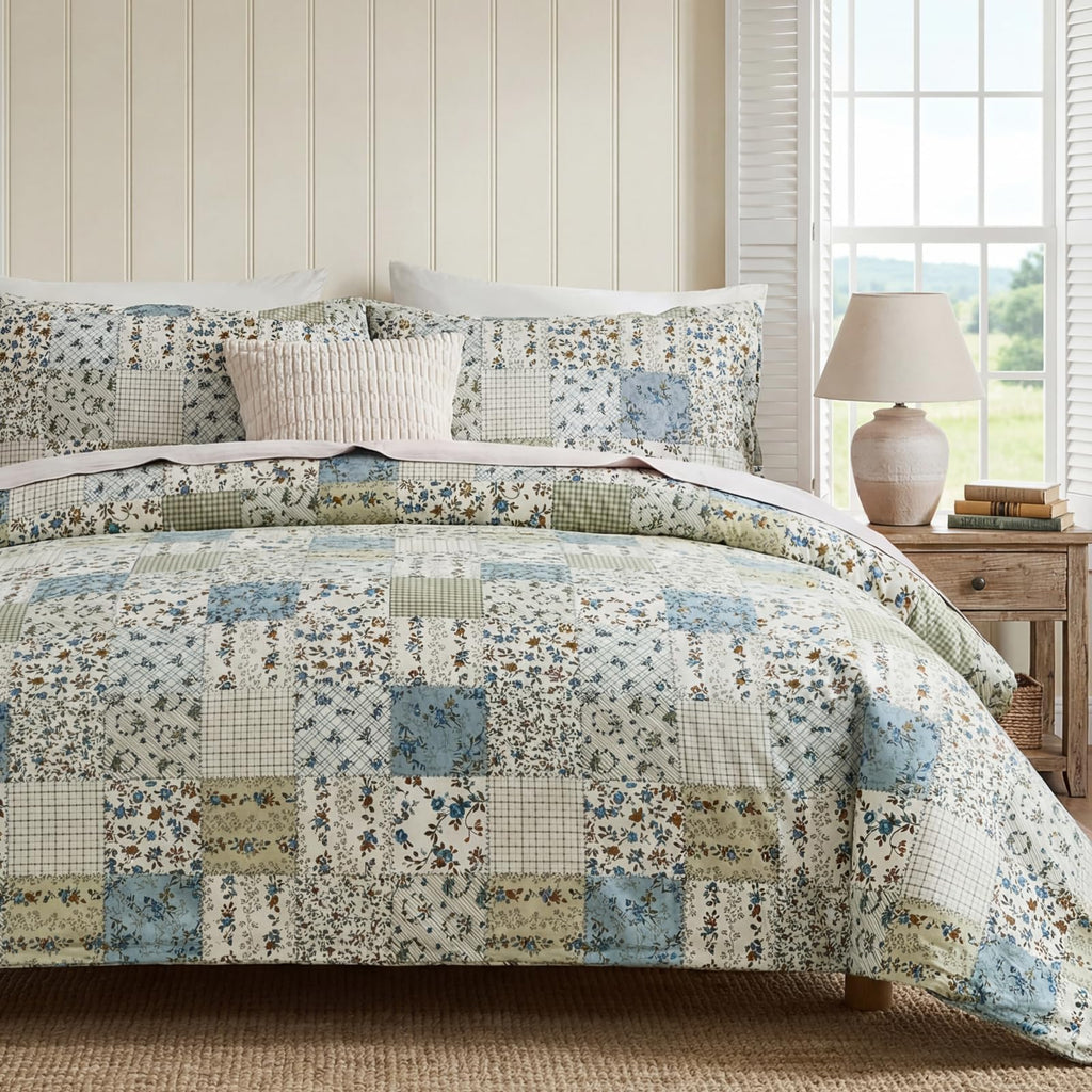 100% Natural Cotton Comforter Set Queen 3 Pcs Grayish Blue Bedding Sets with Luxurious Damask Pattern, Reversible Breathable Soft Comforter Sets for All Season