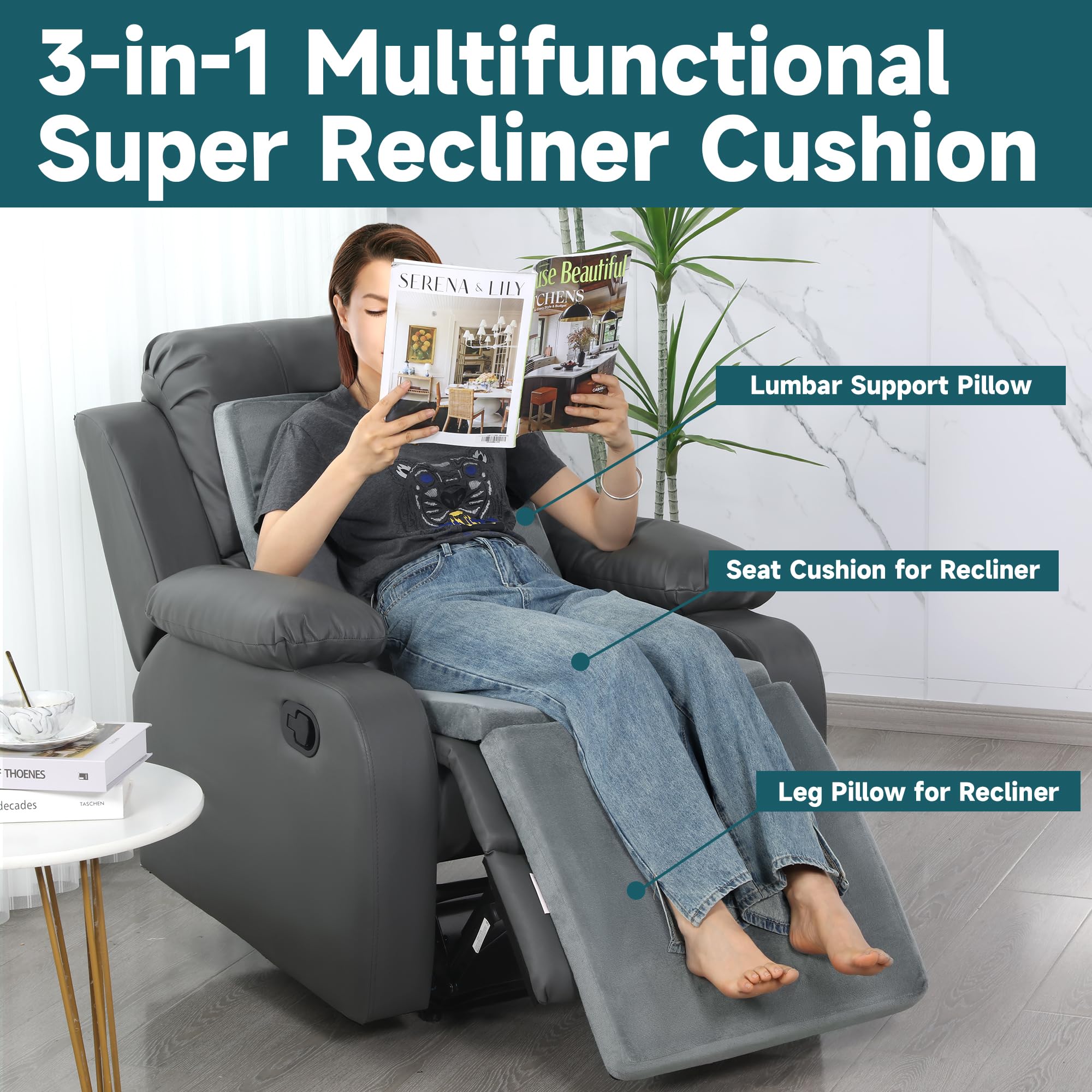 HOMBYS 3-in-1 Recliner Seat Cushion with Lumbar Support Pillow & Footrest, Multi-Functional Adjustable Height 2" to 6" for You to Choose, Non-Slip Foam Chair Cushion for Elderly, Black