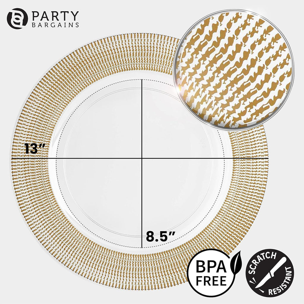 PARTY BARGAINS 13-Inch Charger Plates - 96 Pack, Clear Gold Rim, Heavy-Duty Disposable Chargers for Elegant Dining - Ideal for Weddings and Formal Events