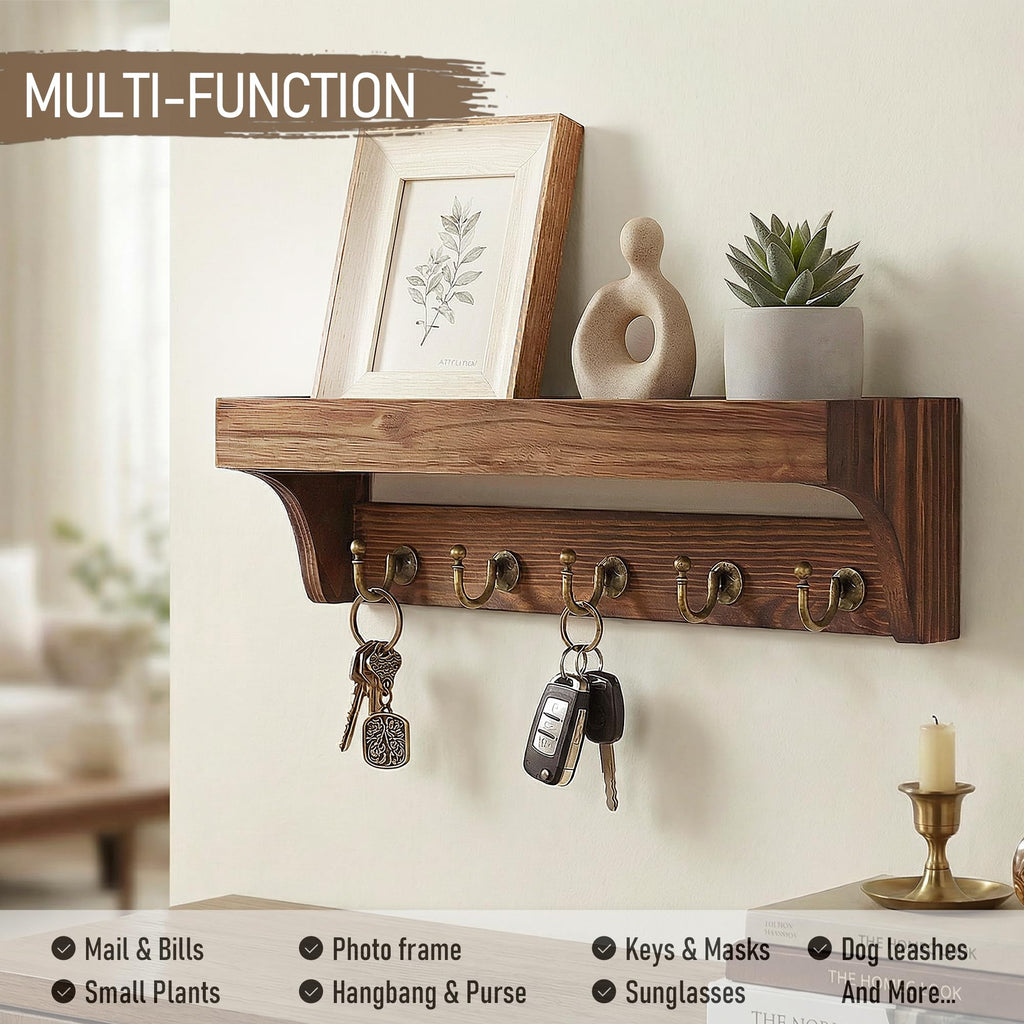 Rebee Vision Acacia Wood Farmhouse Key Holder Wall Mount for Room Decor – Retro Key Holder for Wall with Shelf for Cute Things– Stylish Home Storage for Apartment Essentials (Acacia Wood)