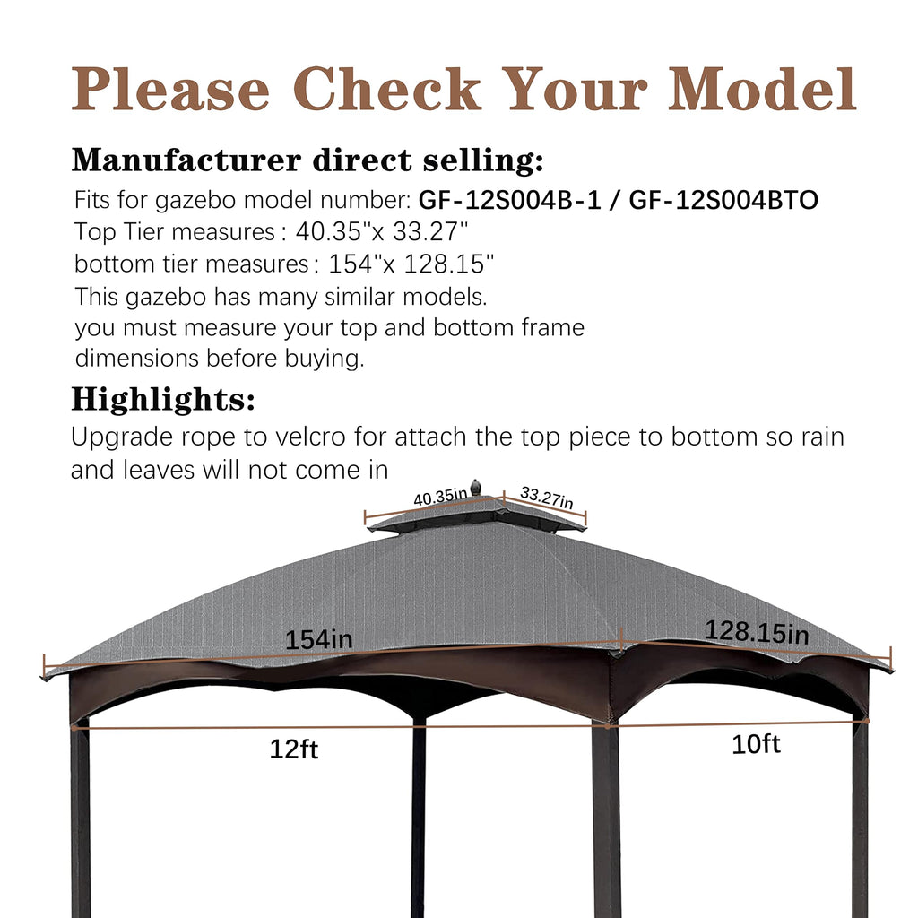 SCOCANOPY Replacement Top Compatible with The Lowe's Gazebo Model #GF-12S004B-1 / GF-12S004BTO (Grey Ripstop)