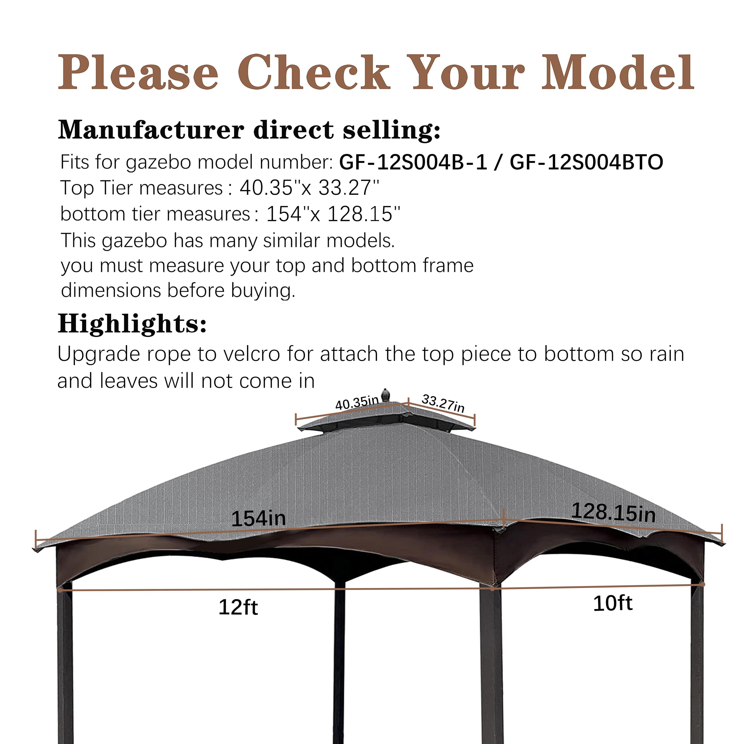 SCOCANOPY Replacement Top Compatible with The Lowe's Gazebo Model #GF-12S004B-1 / GF-12S004BTO (Grey Ripstop)