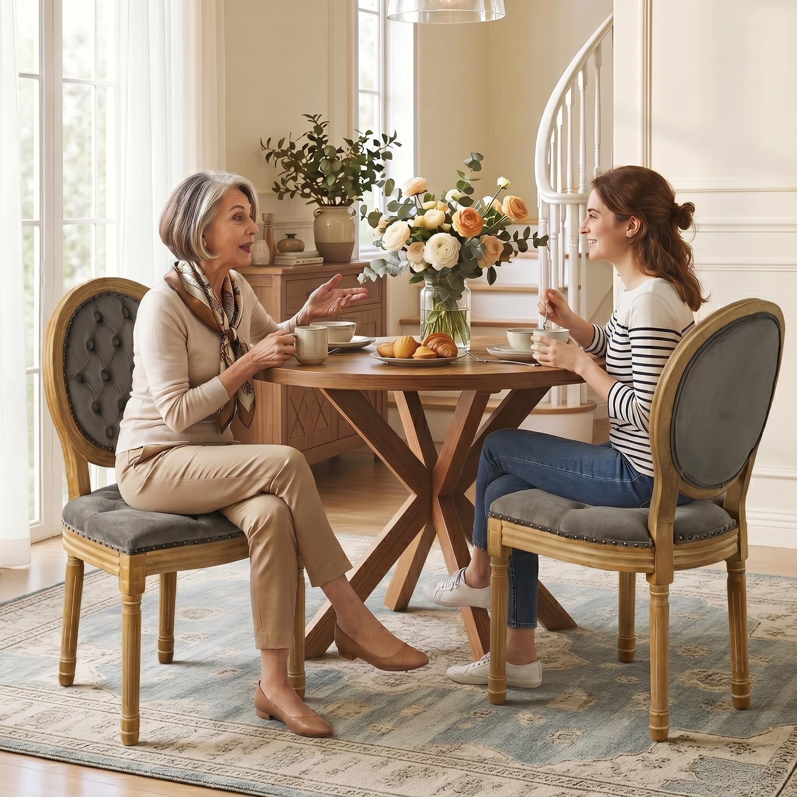 SoarFlash Linen French Dining Chairs Set of 2, Vantage Dining Chair with Round Back, Wood Leg Farmhouse Country Dining Chair for Living Room,Kitchen,Bedroom,Beige