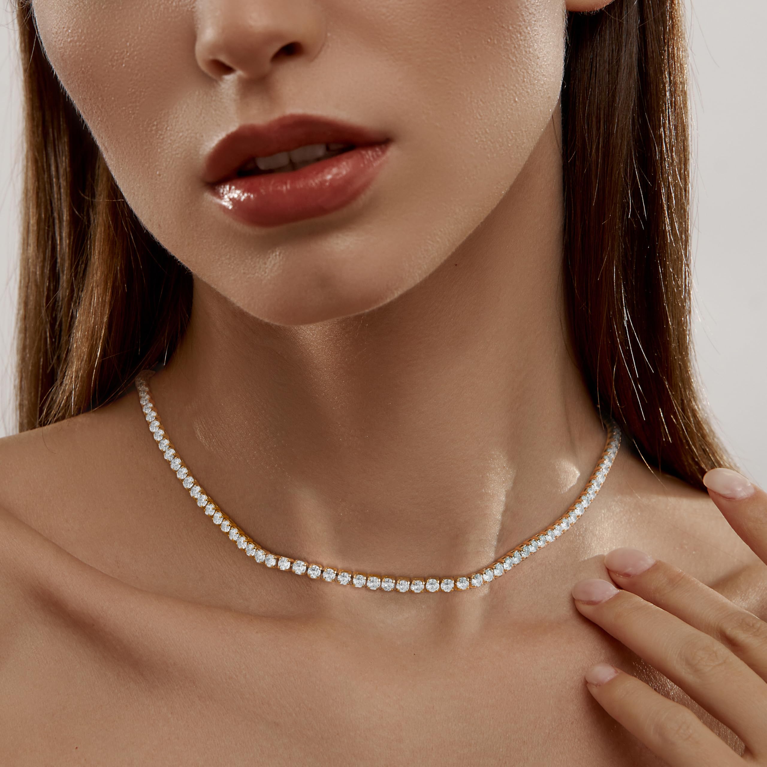 Robaice Tennis Necklace for Women, 14K Gold/Silver Plated Rhinestone Choker Necklace for Women, Dainty Cubic Zirconia Cut Faux Diamond Chain