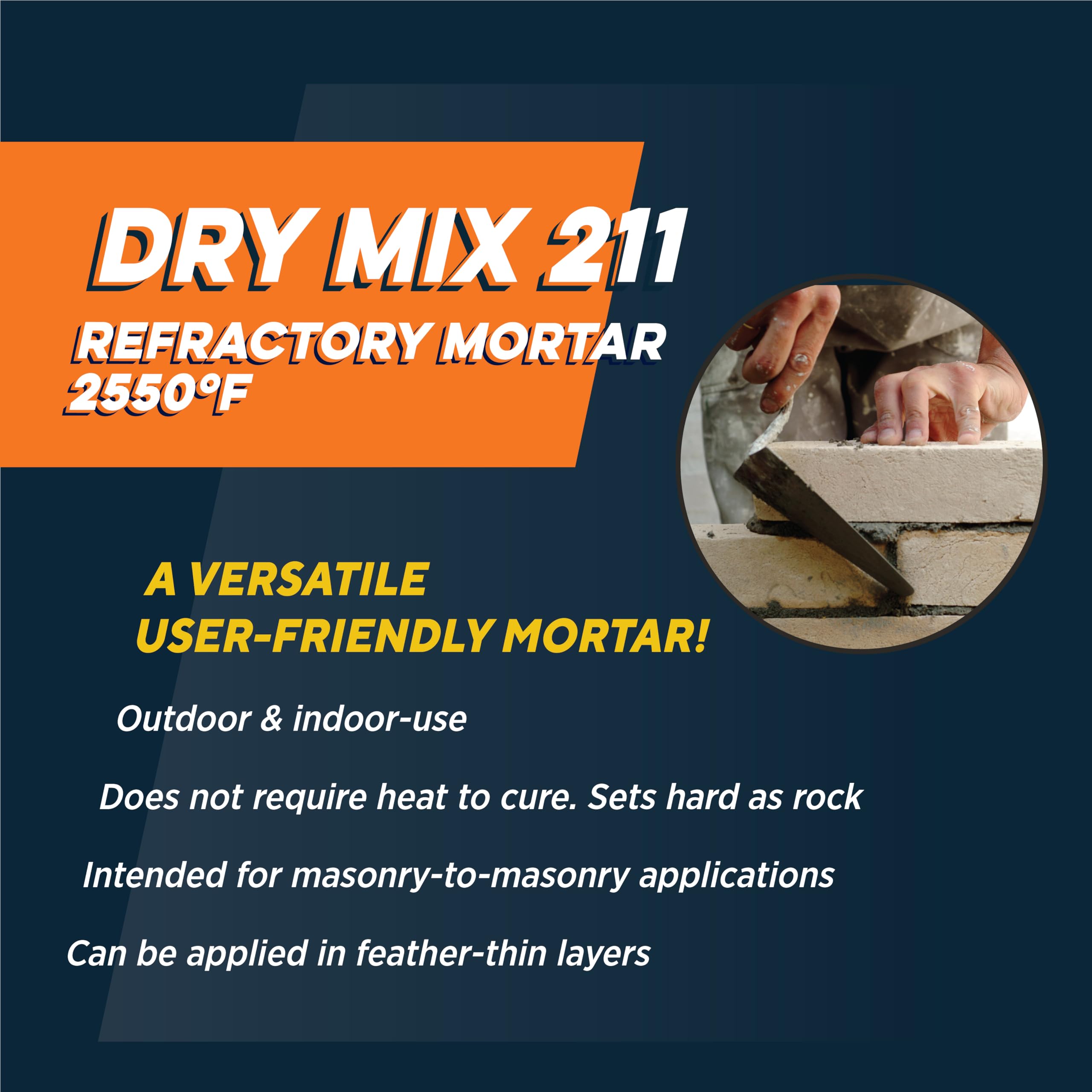 Rutland Dry Mix 211 Refractory Mortar 2.5 Pound - USA-Made High Temperature Mortar for Masonry - 2550°F Fire Cement Patch for Fireplace Brick, Fire Pit, Kiln, Forge & Pizza Oven Repair