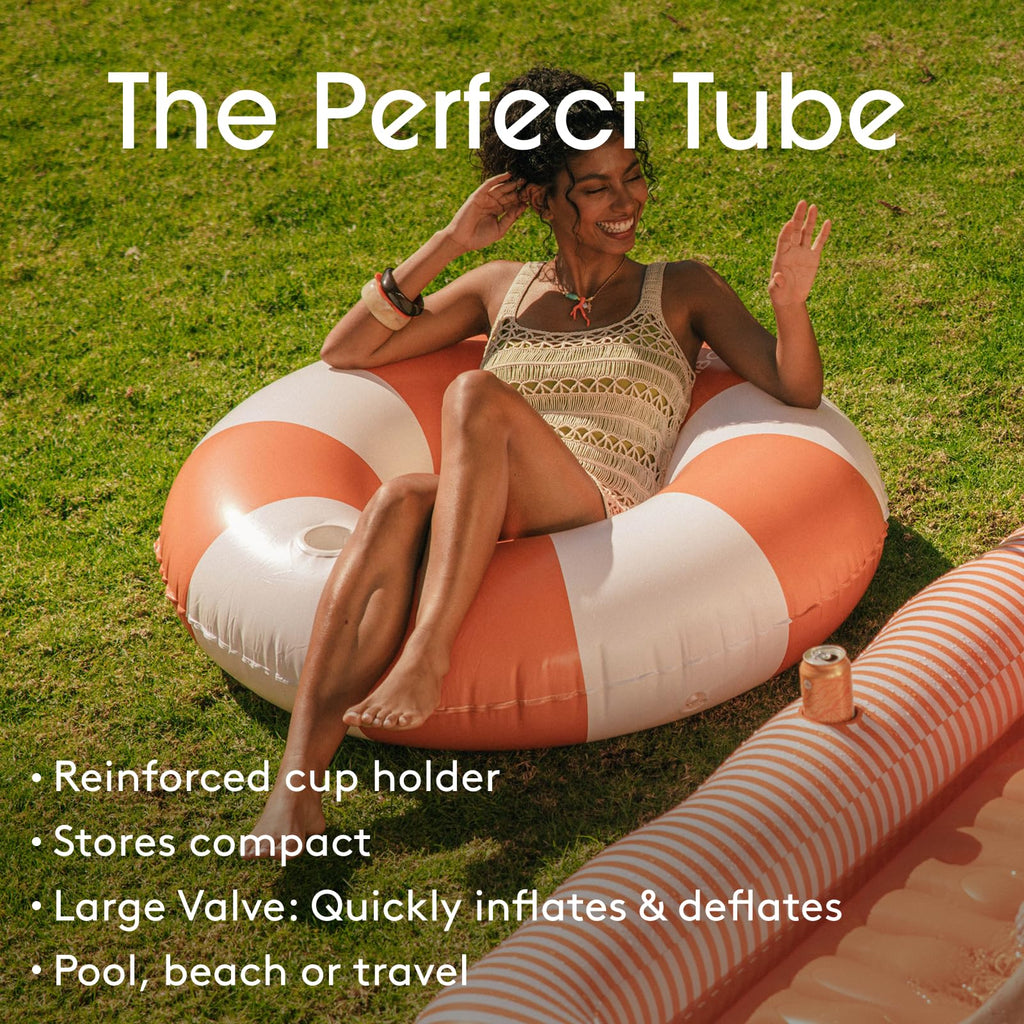 FUNBOY Giant Vintage Stripe Inflatable Tube Pool Float with Cup Holder 48" Large Pool Float for Adults Inner Tube Swimming Pool Toys Swim Rings Pool Lounger Float for Pool Party & Summer