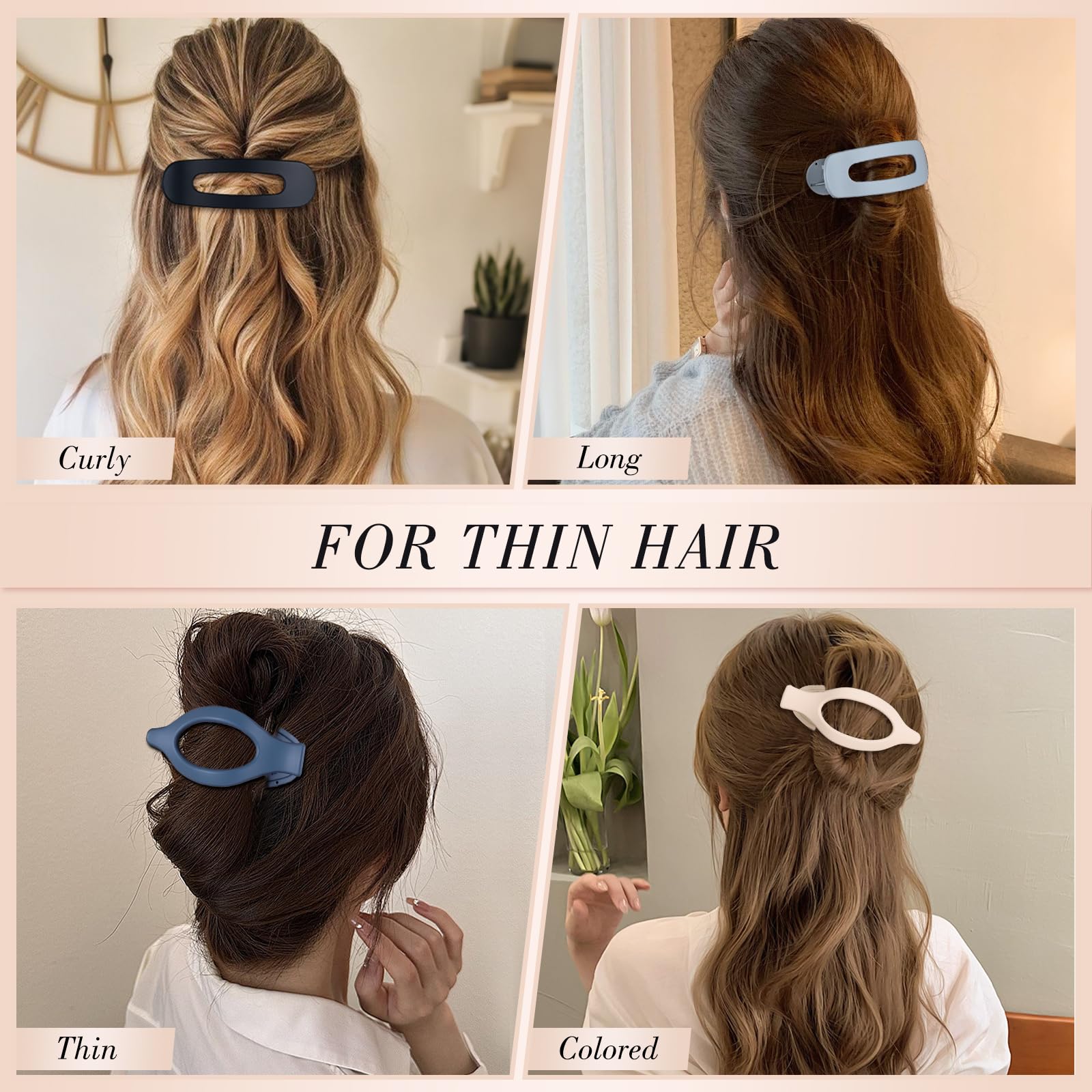 Obeoby 8 Pcs Flat Claw Clips for Women, Strong Hold French Flat Hair Clips for Thick Thin Hair Barrettes Accessories Round Large Medium (Tortoiseshell)