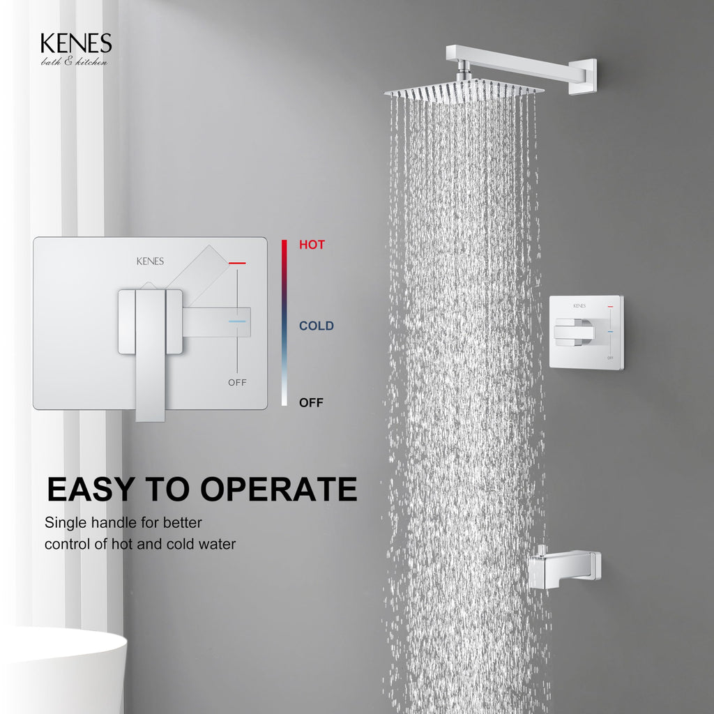 KENES Brushed Nickel 10-Inch Shower Head and Handle Set, Square Shower Faucet Set Bathroom Rainfall Shower System Wall Mount, KE-6024B (Shower Valve Included)