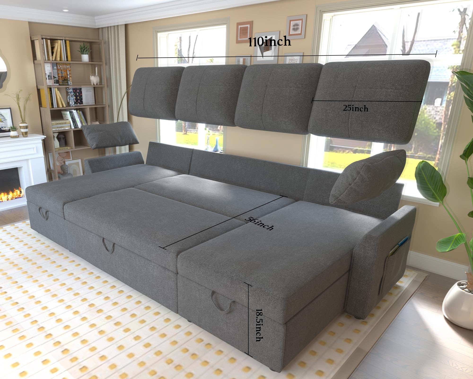 PaPaJet Sofa Bed, Sleeper Sofa with Storage Chaise, L Shaped Sofa with Pull Out Bed, Oversized Sofas for Living Room, Beige