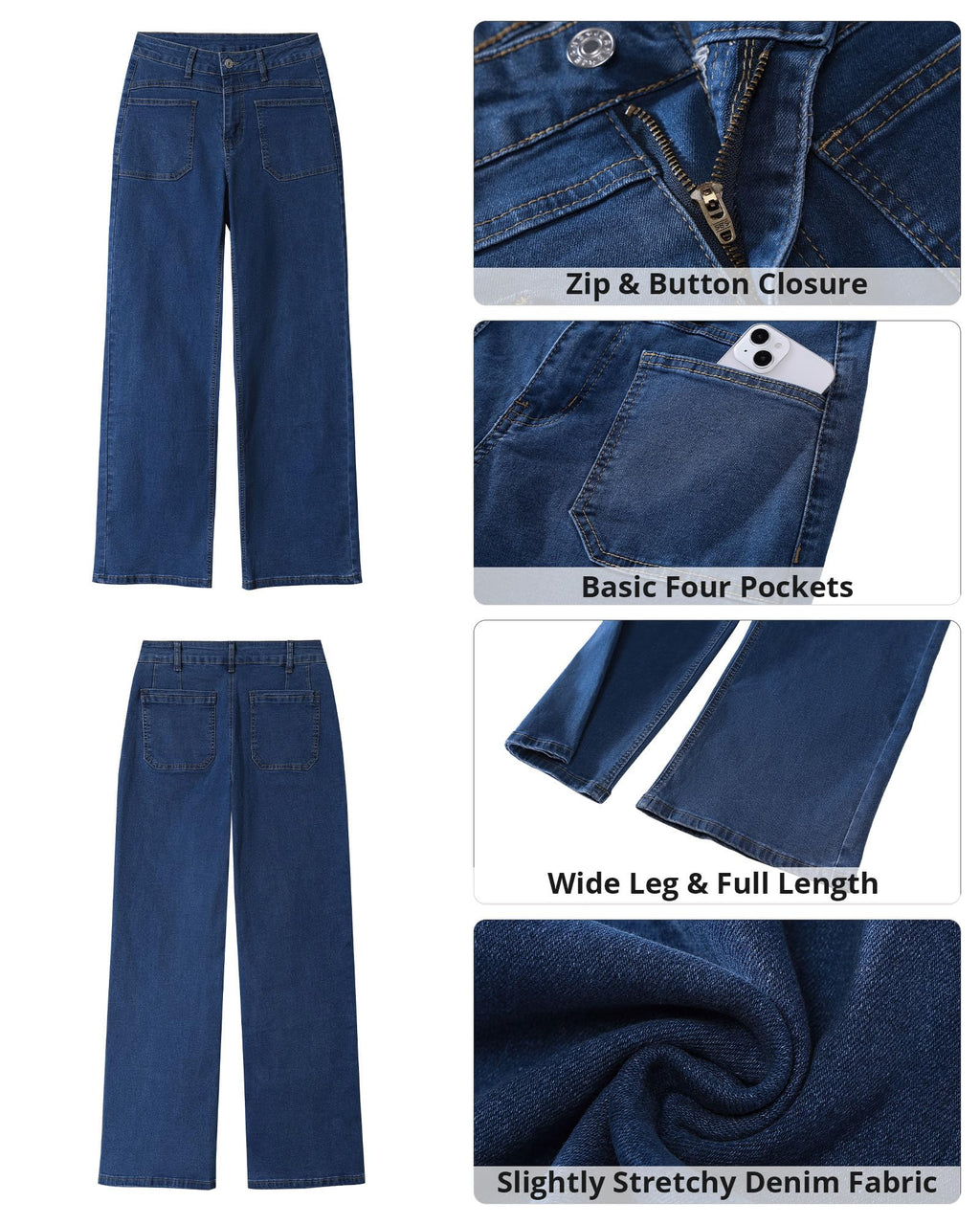 GRAPENT Wide Leg Jeans for Women Trendy High Waisted Loose Straight Leg Stretchy Retro Denim Pants with Pouch Pockets