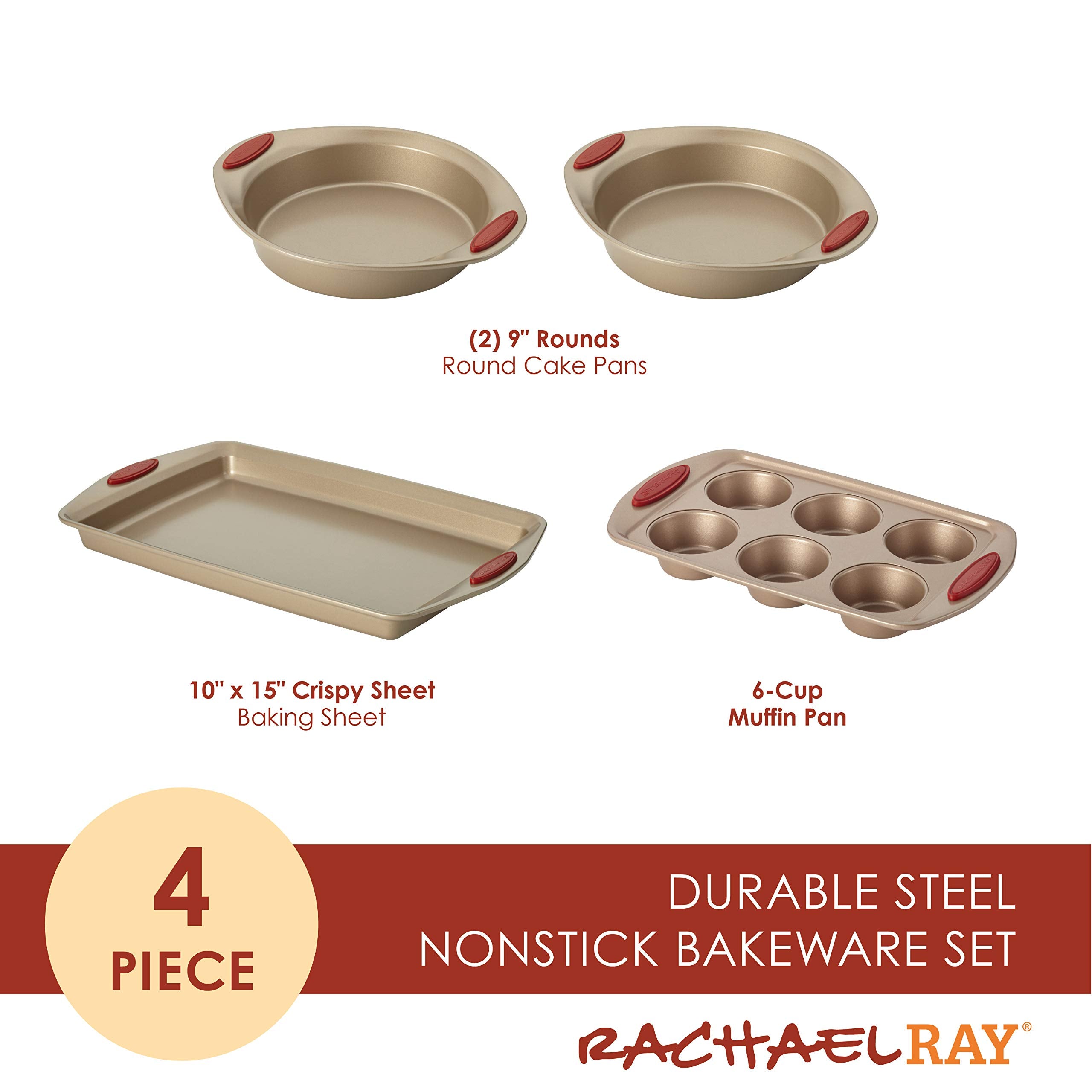Rachael Ray Cucina Bakeware Set Includes Nonstick Cake Cookie Baking Sheet and Muffin Cupcake Pan, 4 Piece, Latte Brown with Agave Blue Grips