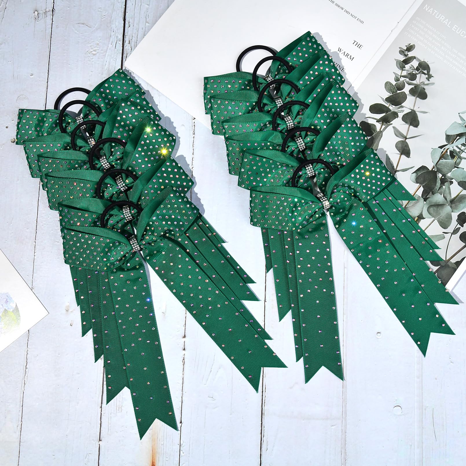 DEEKA 12 Count Collegiate Style Cheer Bows, Forest Green with Rhinestones, Handmade Bows for Girls Teens Cheerleader Sports