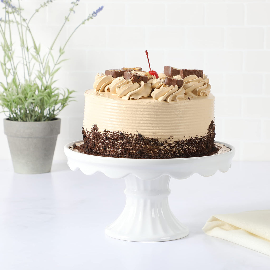 Martha Stewart Watercrest Glass Cake Stand, 10.2 Inch Footed Pedestal Cake Plate with Scalloped Ruffled Edge, Clear Handmade Glassware for Weddings, Parties, and Dessert Display