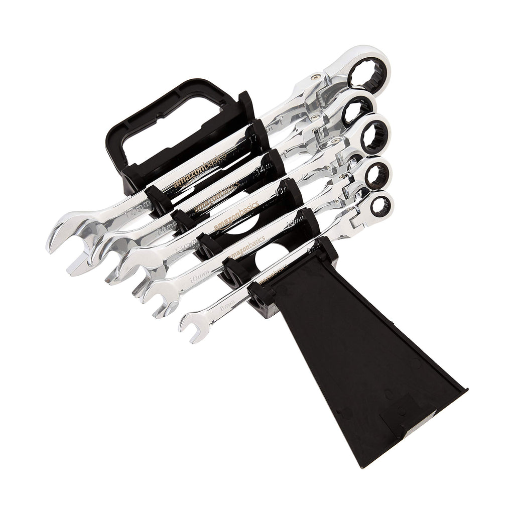 Amazon Basics 72-Tooth Ratcheting Combination Wrench Set, Chrome Vanadium Steel Flexible Head, 5-Piece SAE Sizes 5/16", 3/8", 1/2", 9/16", 11/16", Chrome Finish