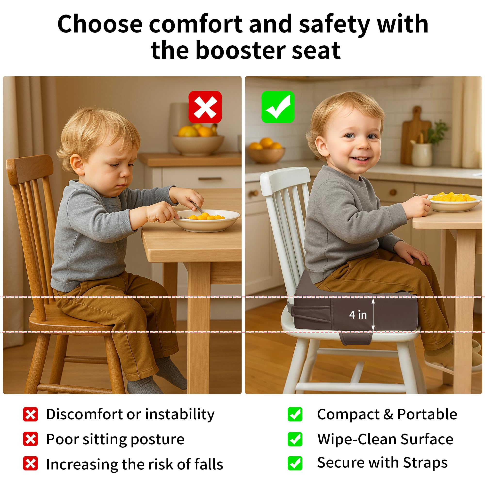 Toddler Booster Seat for Dining Table – PU Washable Cushion with Double Safe Straps, Non-Slip Bottom, Portable Travel Booster Seat for Toddlers (Dark Brown)
