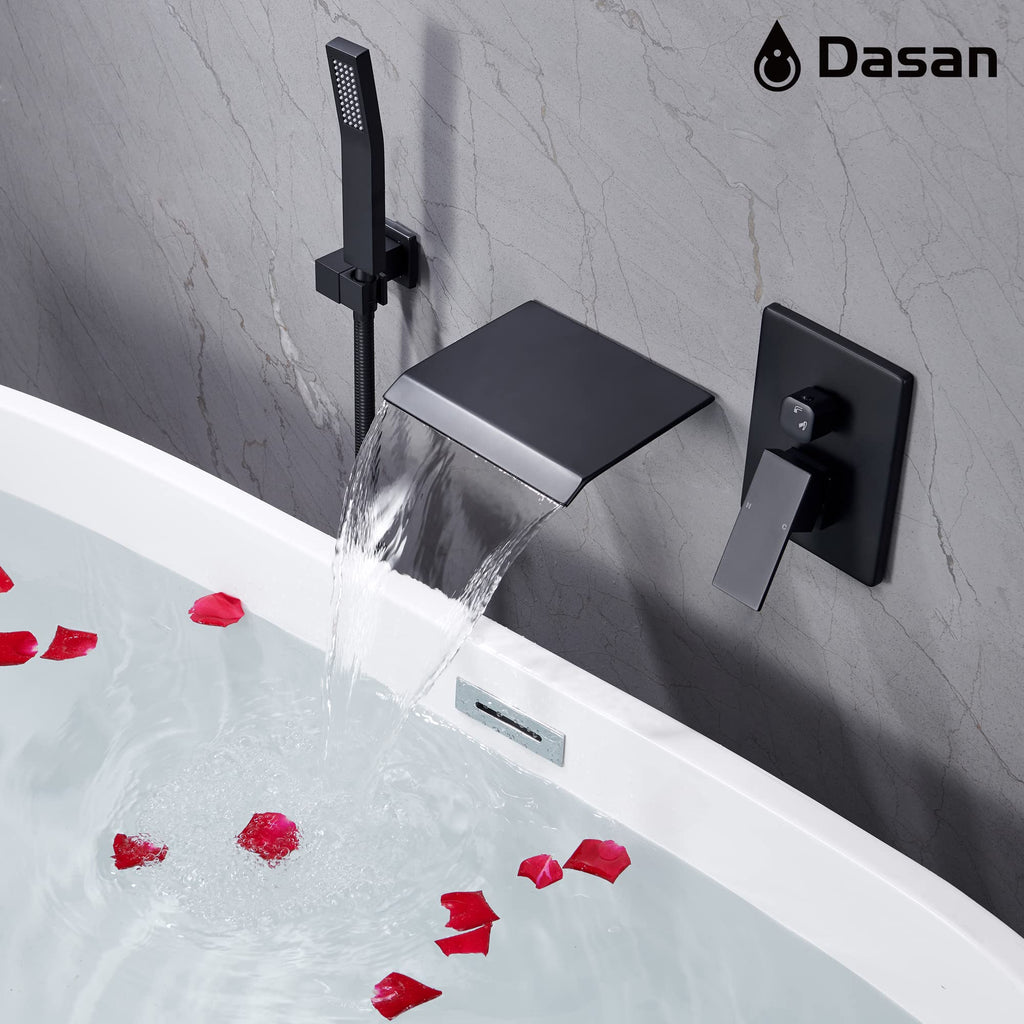Upgraded Wall Mount Tub Filler Faucet with Handheld Shower, DASAN Modern Wall Mounted Bathtub Faucet Brushed Gold High Flow Waterfall Tub Faucet with Rough in Valve, SA-TF04WH-BG
